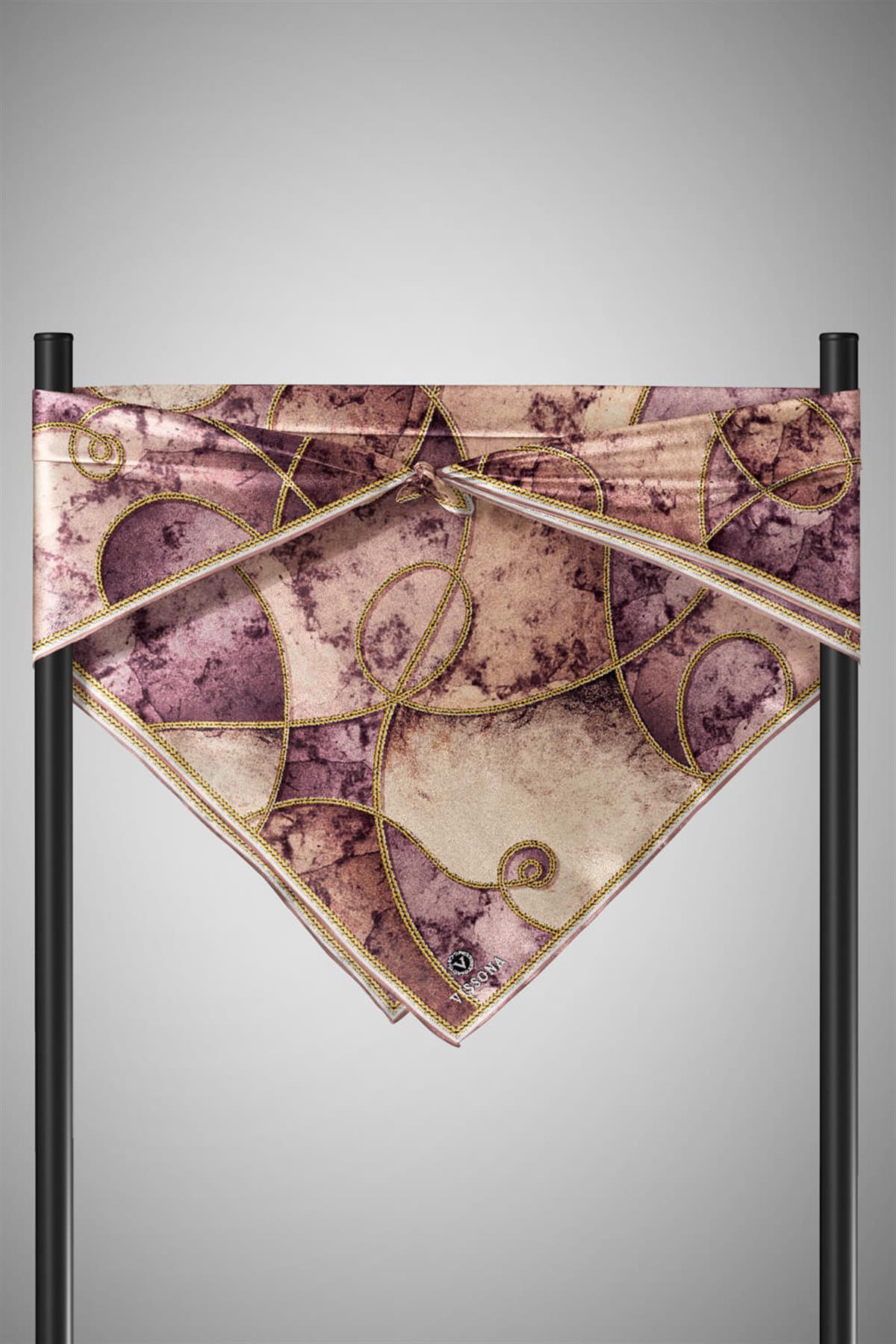 %100 Twill İpek Zincirli Mermer Desenli Gül Kurusu - Vizon Renkli 90x90 Eşarp Dikim Şekli : El Dikişi