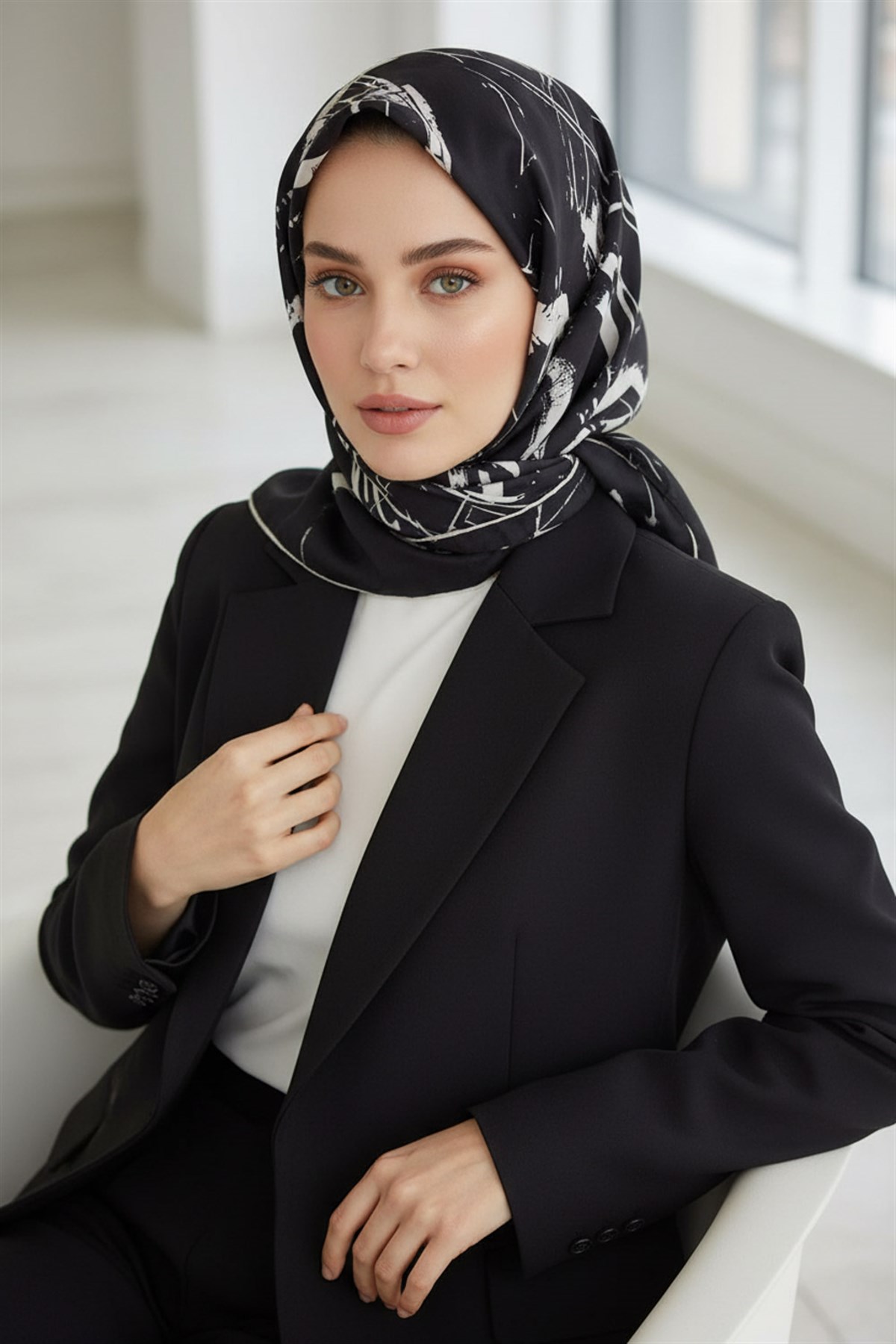 %100 Twill İpek Geometrik Desenli Siyah - Krem Renkli 90x90 Eşarp Dikim Şekli : El Dikişi