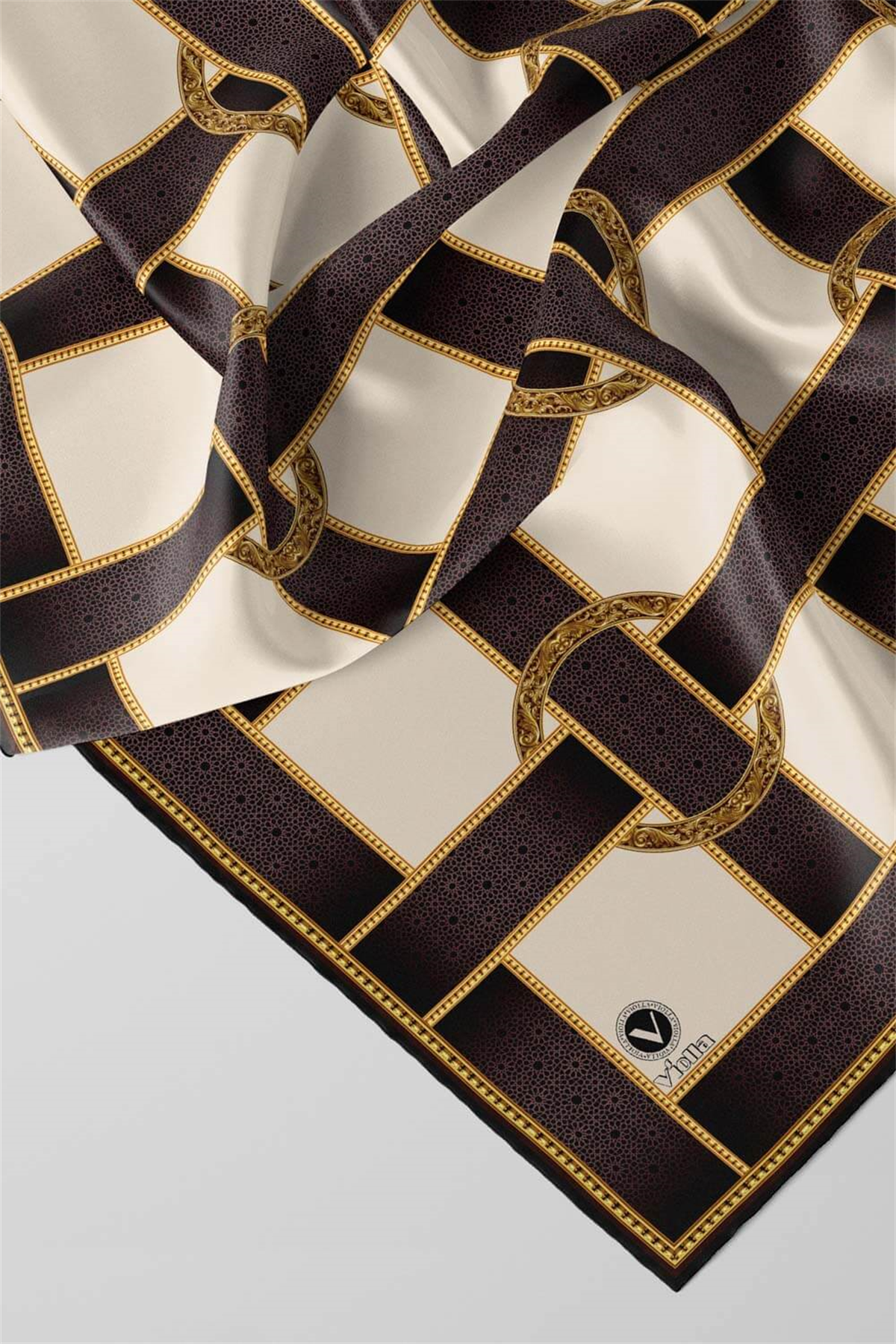Twill Kemer Desenli Bej Renkli 90x90 Eşarp (İpek İçermez) Dikim Şekli : El Dikişi
