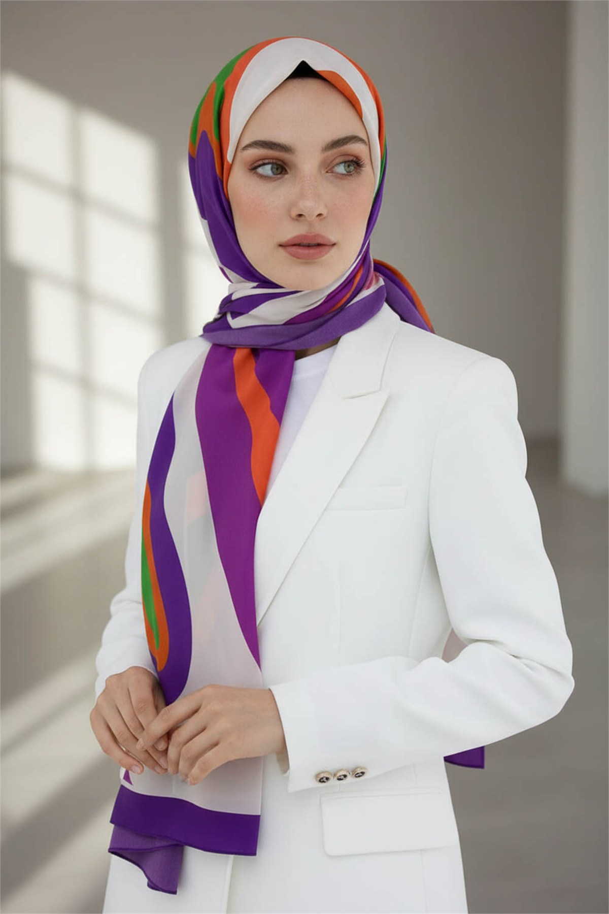 KREP GEOMETRİK DESENLİ SOMON RENKLİ 75X195 KIRIŞMAZ ŞAL