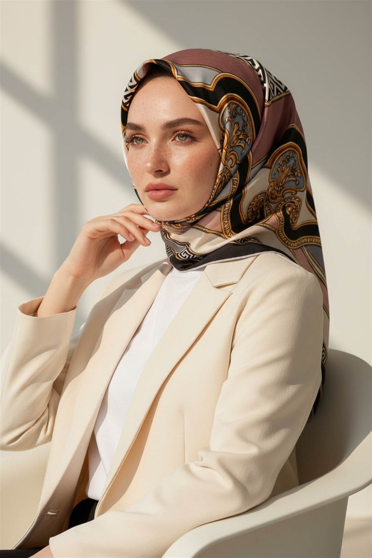 %100 Twill İpek Barok Desenli Pudra - Gri Renkli 90x90 Eşarp Dikim Şekli : El Dikişi