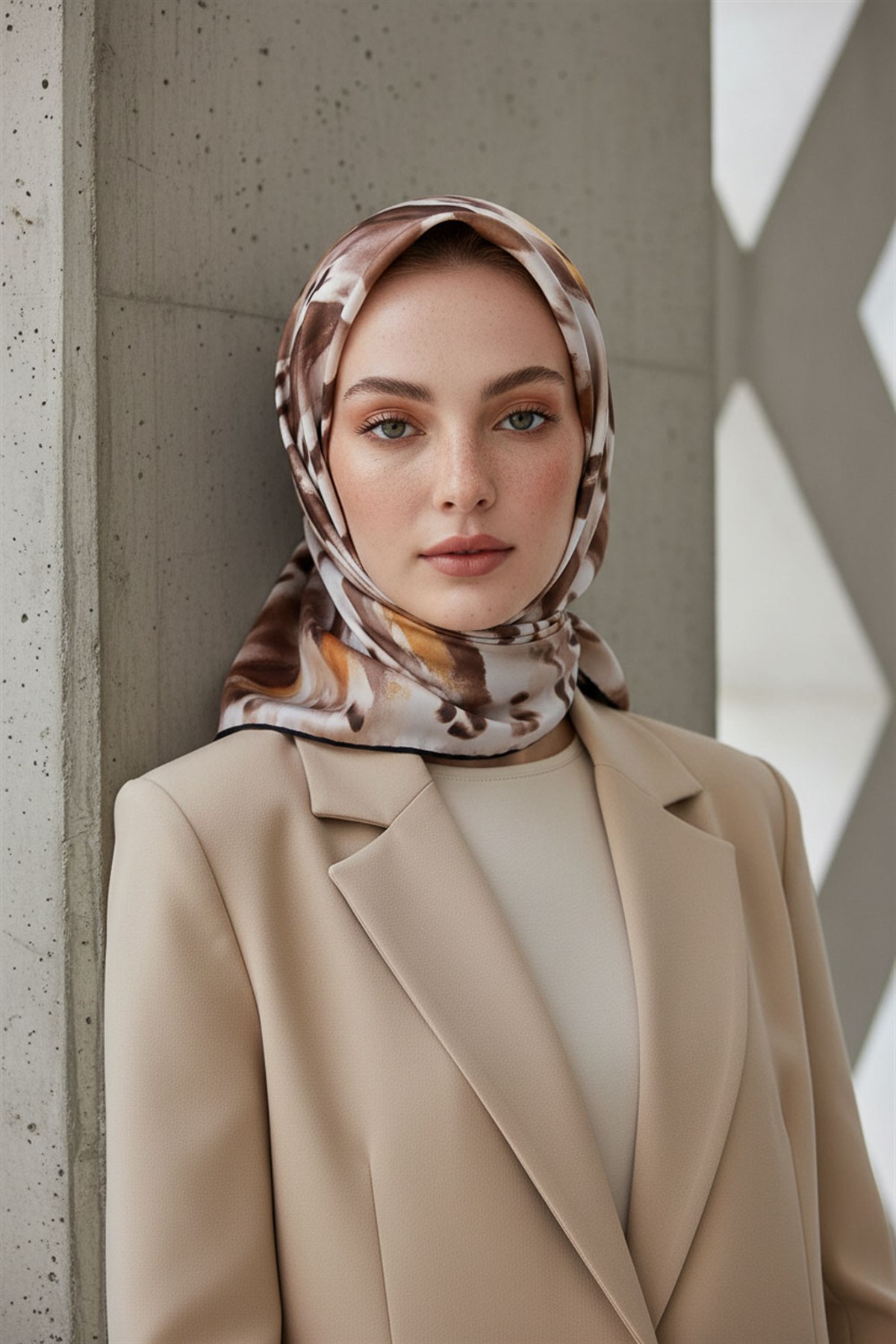 %100 Twill İpek Batik Desenli Sütlü Kahve - Turuncu Renkli 90x90 Eşarp Dikim Şekli : El Dikişi