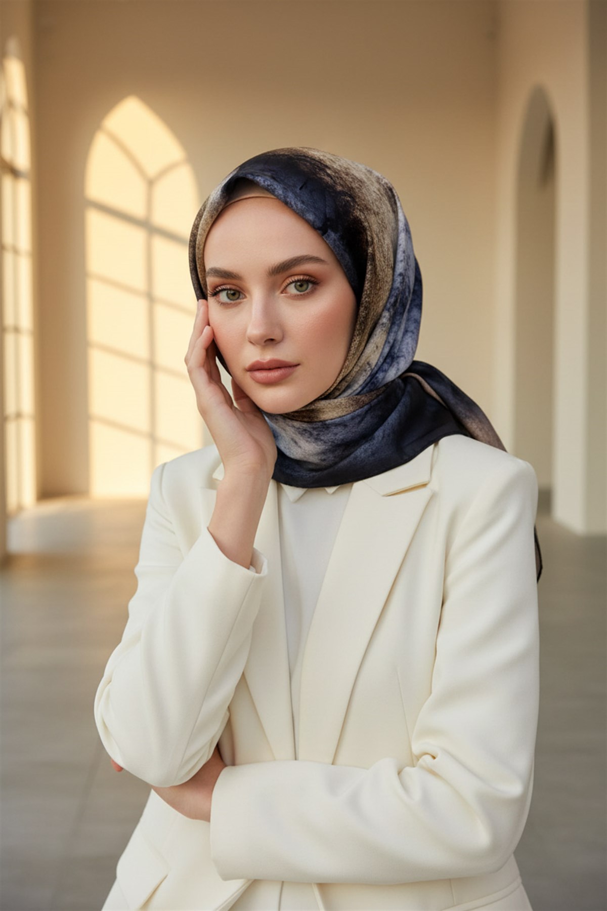 % 57 İPEK % 43 VİSKON Twill İpek Dokulu Ve Geometrik Desenli Bej - Gri Renkli 90x90 Eşarp Dikim Şekli : El Dikişi
