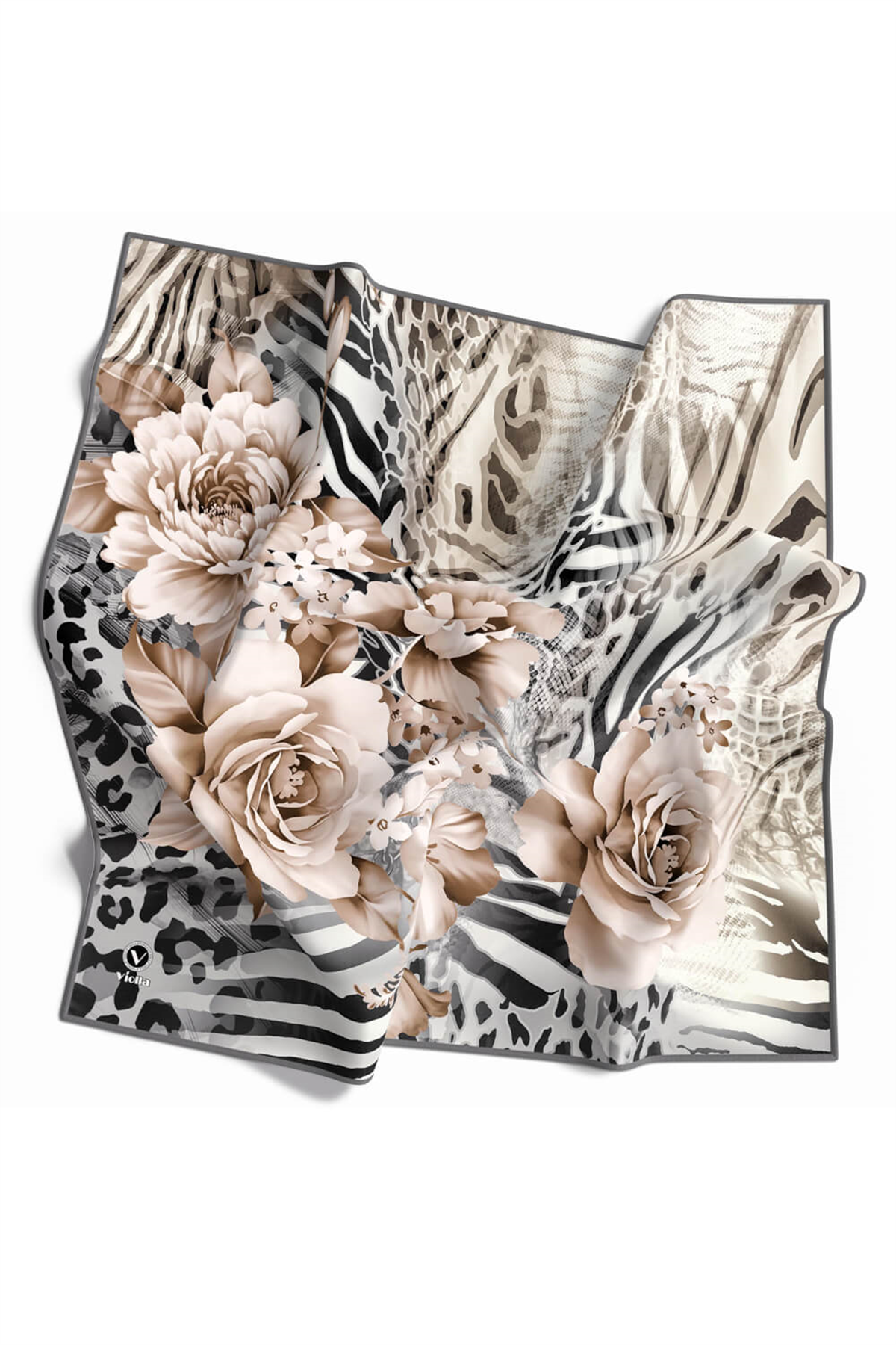 Twill Renkli Şerit Desenli Gri Renkli 90x90 Eşarp (İpek İçermez) Kenar Dikiş Şekli El Dikişli