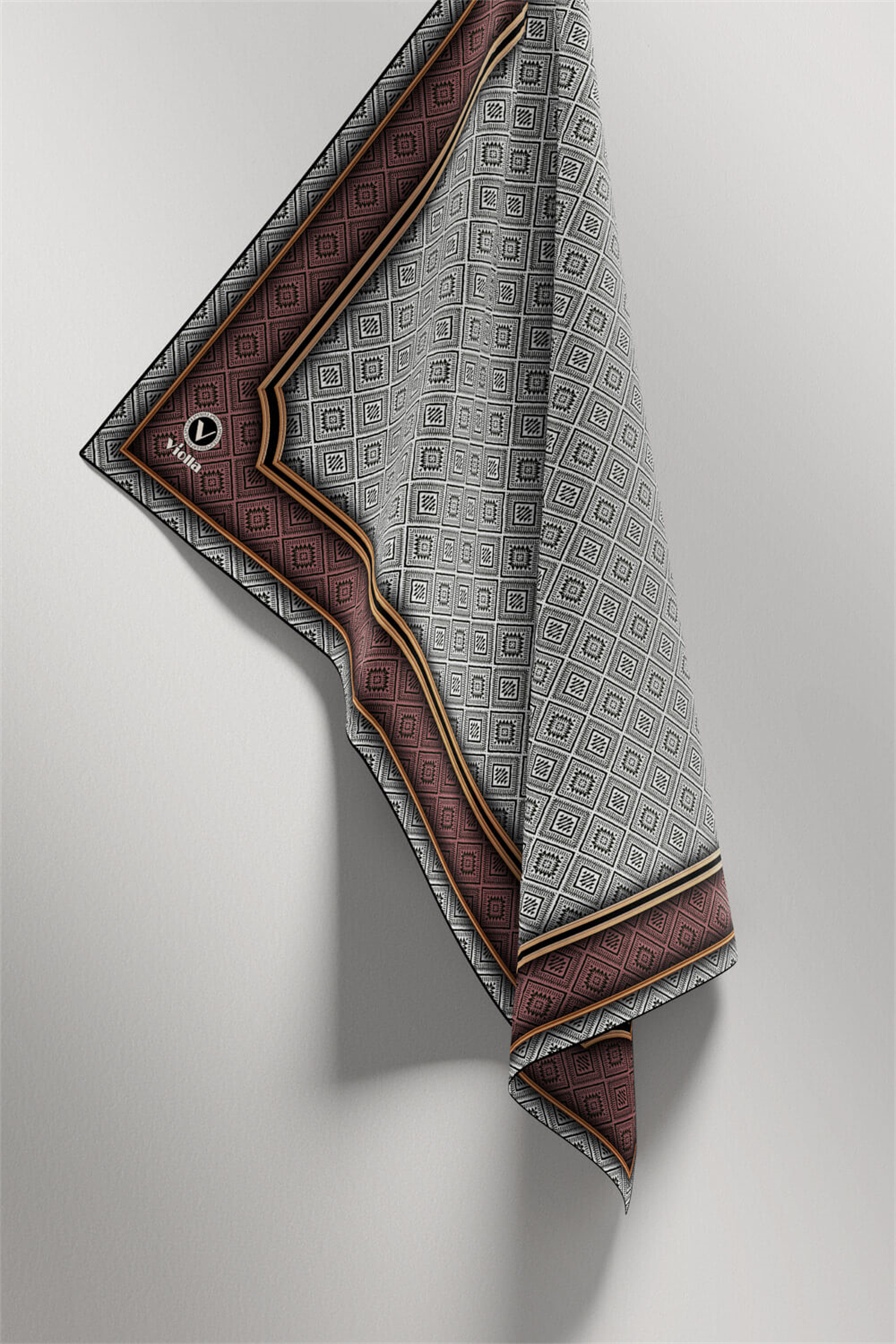 Twill Geometrik Çıtır Desenli Gül Kurusu Renkli 90x90 Eşarp (İpek İçermez) Kenar Dikiş Şekli El Dikişli