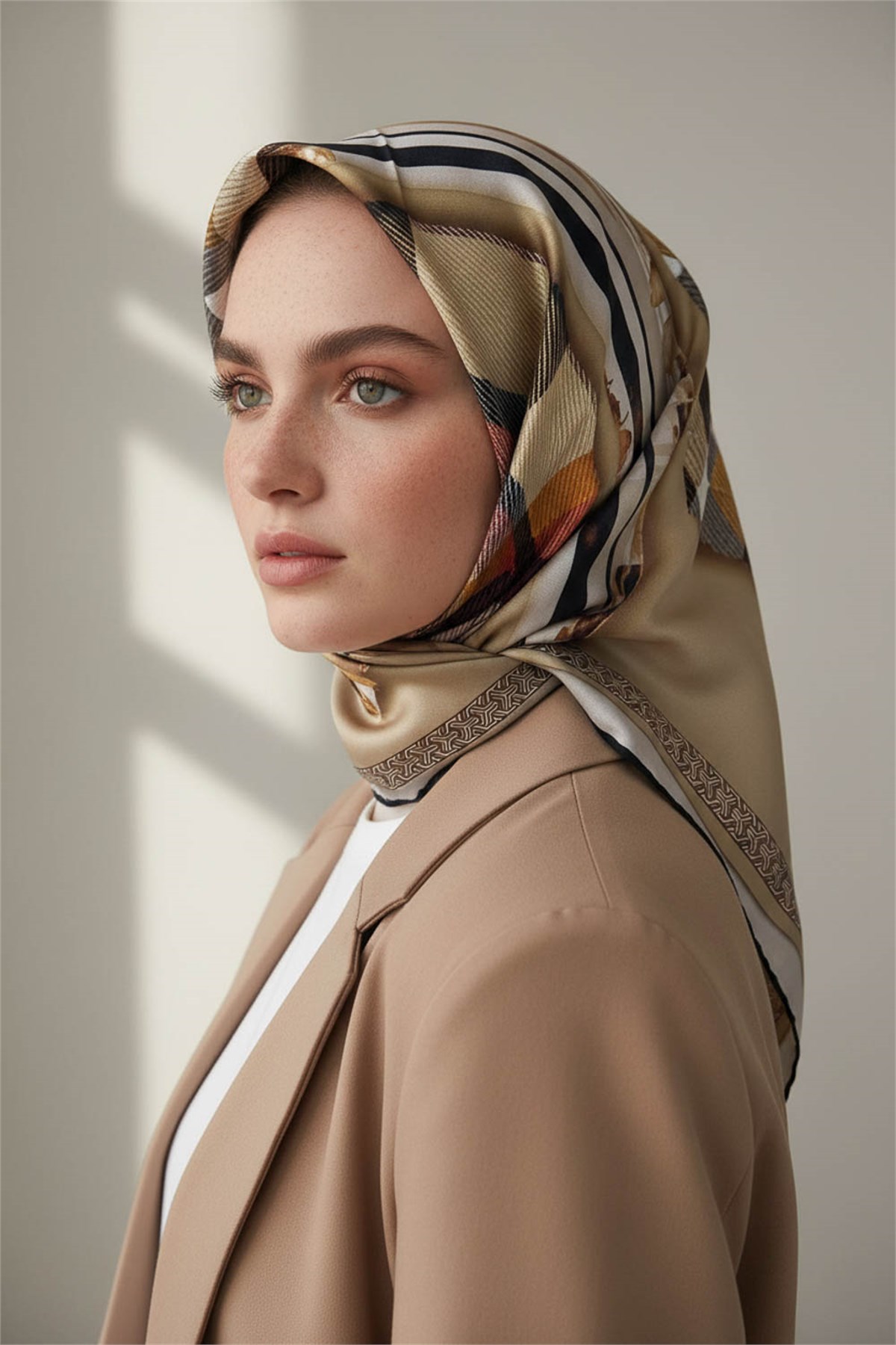 %100 Twill İpek Ekose Desenli Bej - Kırmızı Renkli 90x90 Eşarp Dikim Şekli : El Dikişi