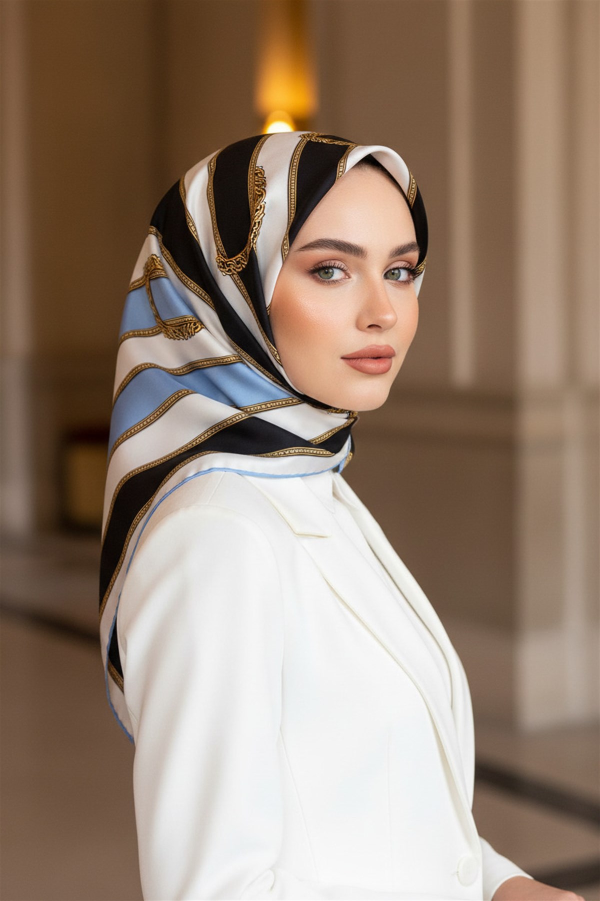 %100 Twill İpek Kemer Desenli Siyah - Bebe Mavisi Renkli 90x90 Eşarp Dikim Şekli : El Dikişi