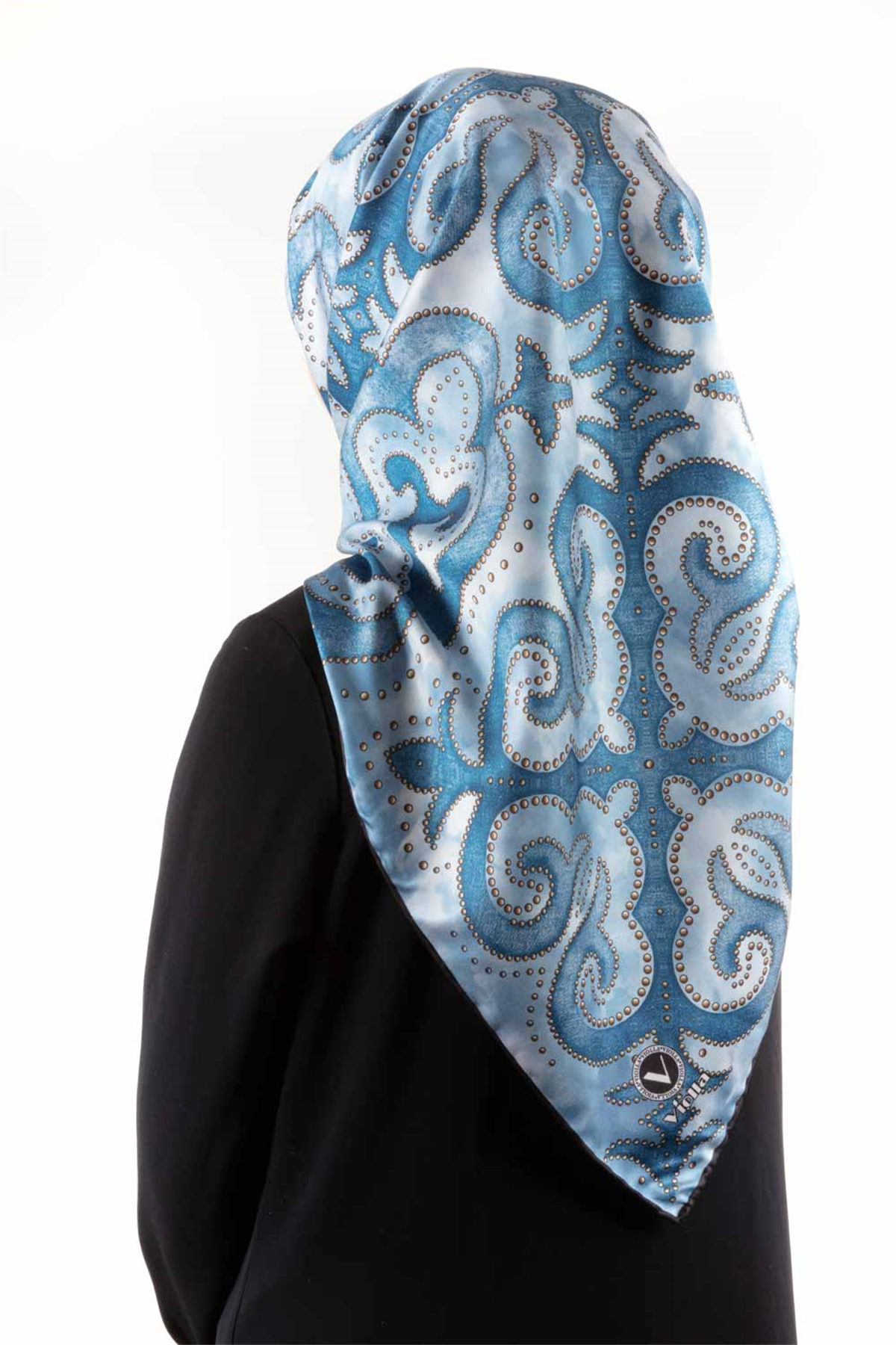 Twill Barok Desenli Petrol Mavisi Renkli 90x90 Eşarp (İpek İçermez) Kenar Dikiş Şekli El Dikişli