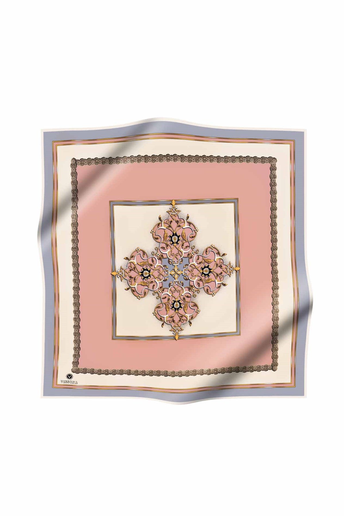 %100 Twill Barok Desenli Pudra - Gri Renkli 90x90 Eşarp Dikim Şekli: El Dikişi