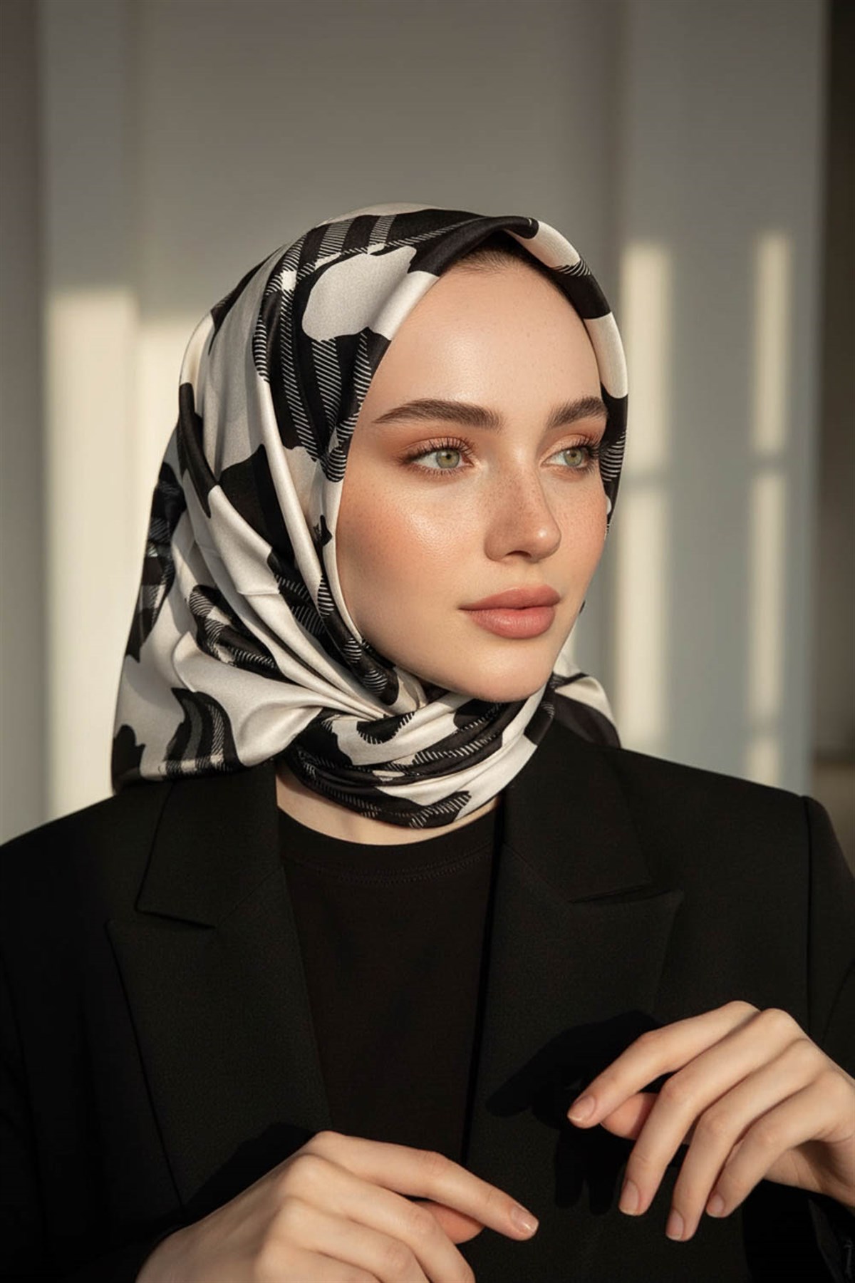 %100 Twill İpek Leopar Desenli Krem - Siyah Renkli 90x90 Eşarp Dikim Şekli : El Dikişi