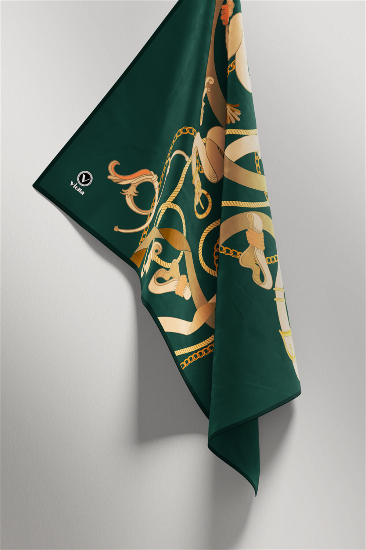 Twill Kemerli Ve Zincir Desenli Petrol Yeşili Renkli 90x90 Eşarp (İpek İçermez) Kenar Dikiş Şekli El Dikişli