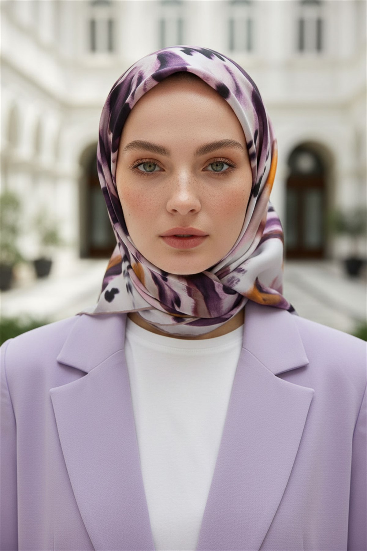 %100 Twill İpek Batik Desenli Mürdüm - Turuncu Renkli 90x90 Eşarp Dikim Şekli : El Dikişi