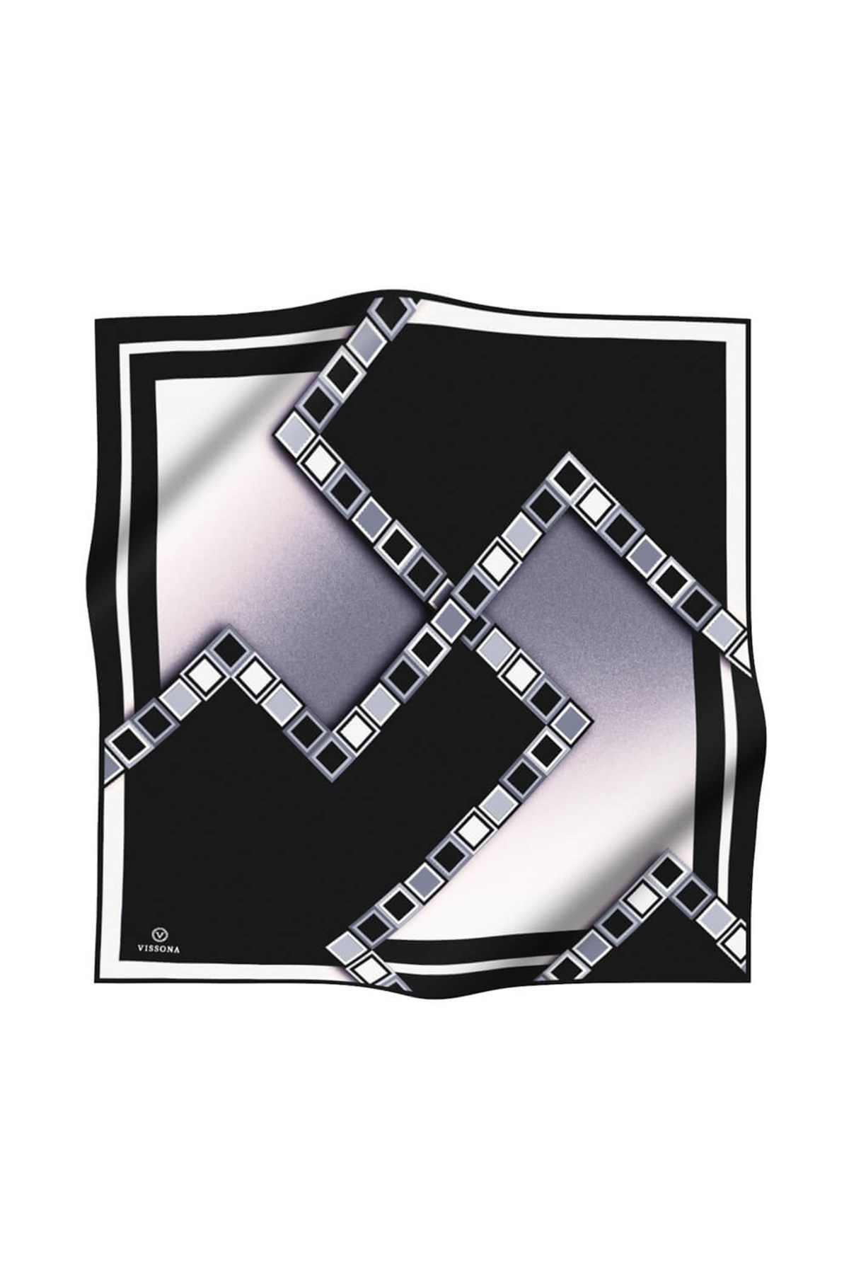 %100 Twill İpek Geometrik Desenli Siyah - Gri Renkli 90x90 Eşarp Dikim Şekli : El Dikişi