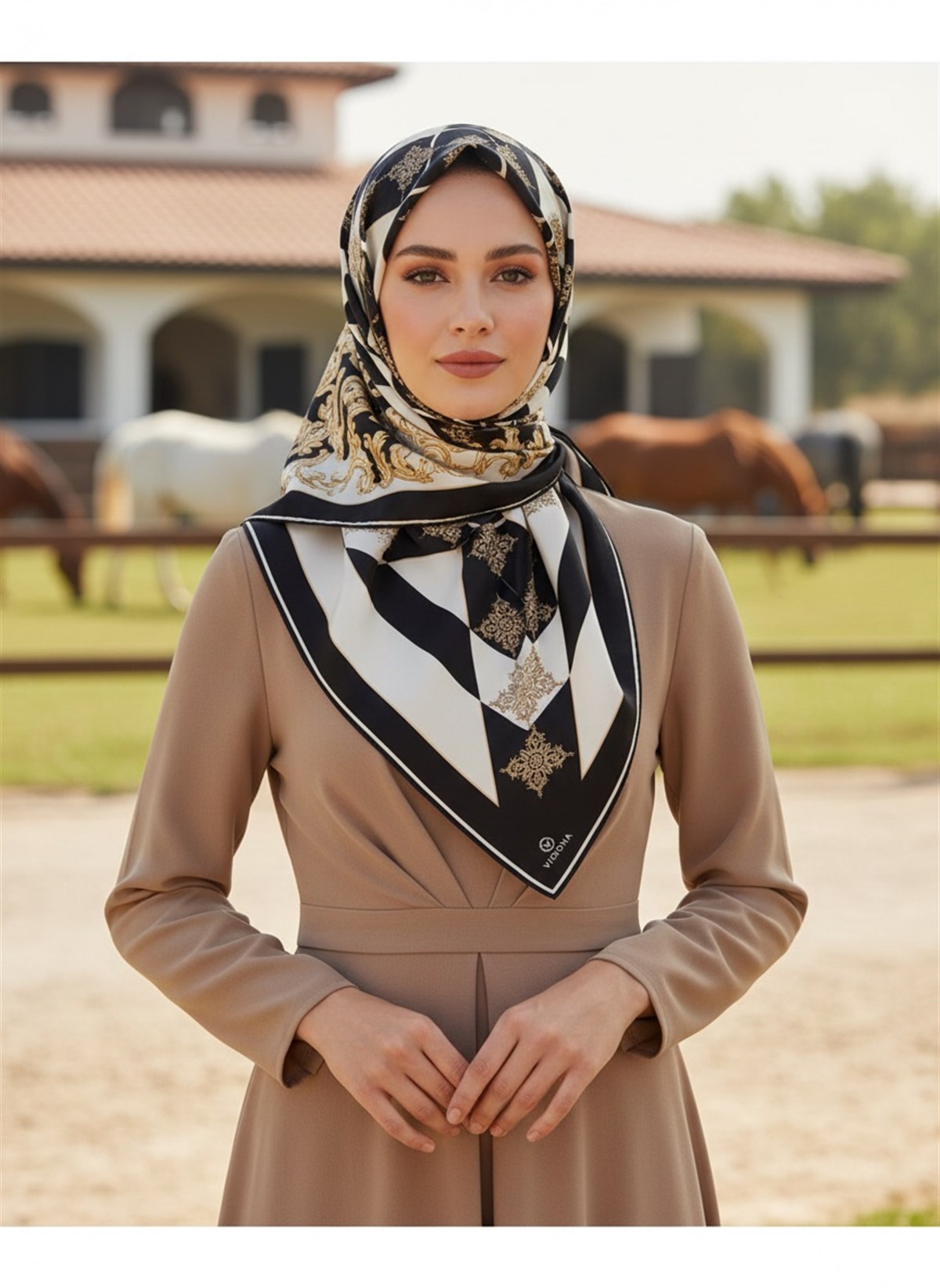 %100 Twill İpek Geometrik ve Barok Desenli Siyah - Krem Renkli 90x90 Eşarp Dikim Şekli : El Dikişi