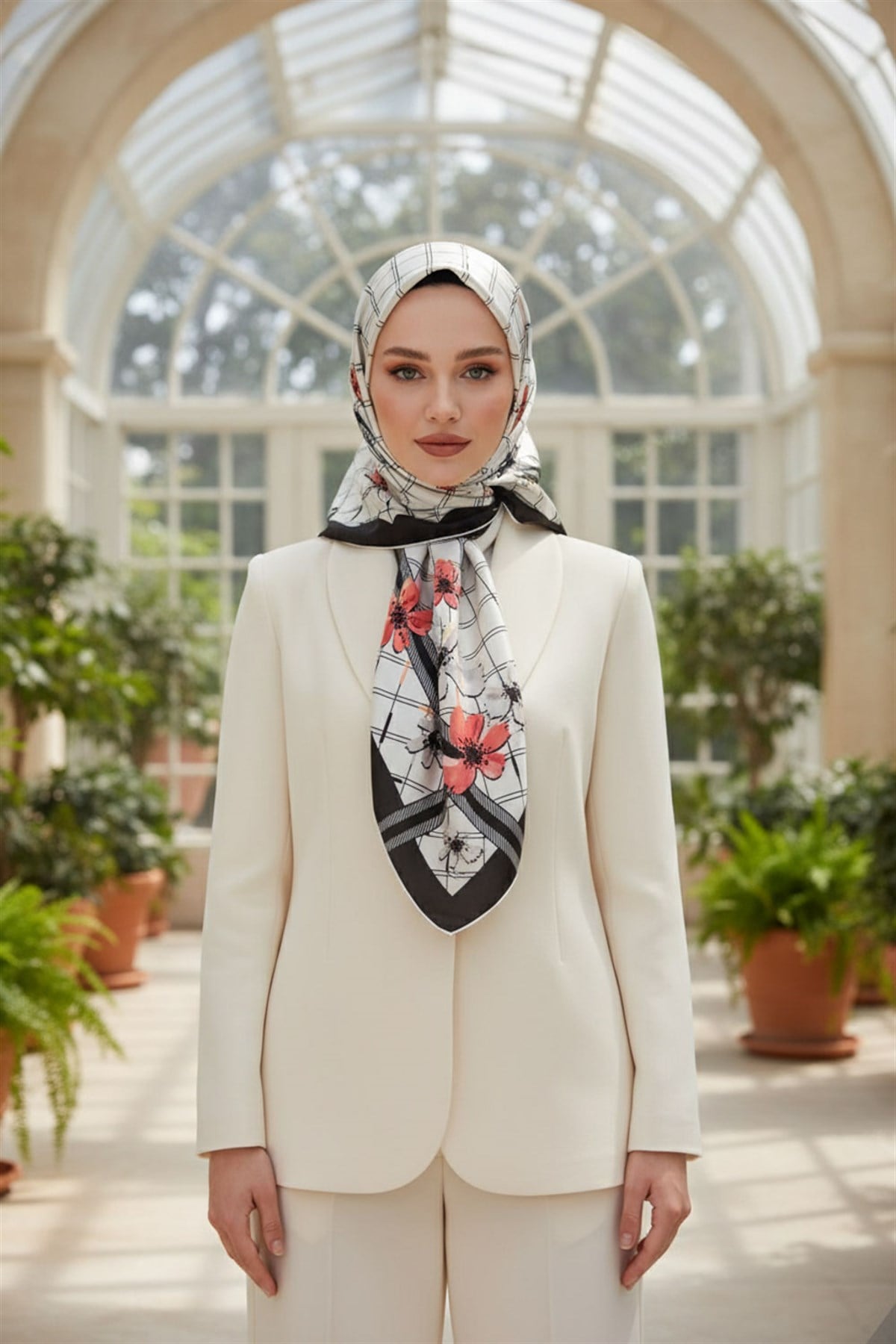 %100 Twill İpek Çıtır Çiçek Desenli Narçiçeği - Krem Renkli 90x90 Eşarp Dikim Şekli : El Dikişi