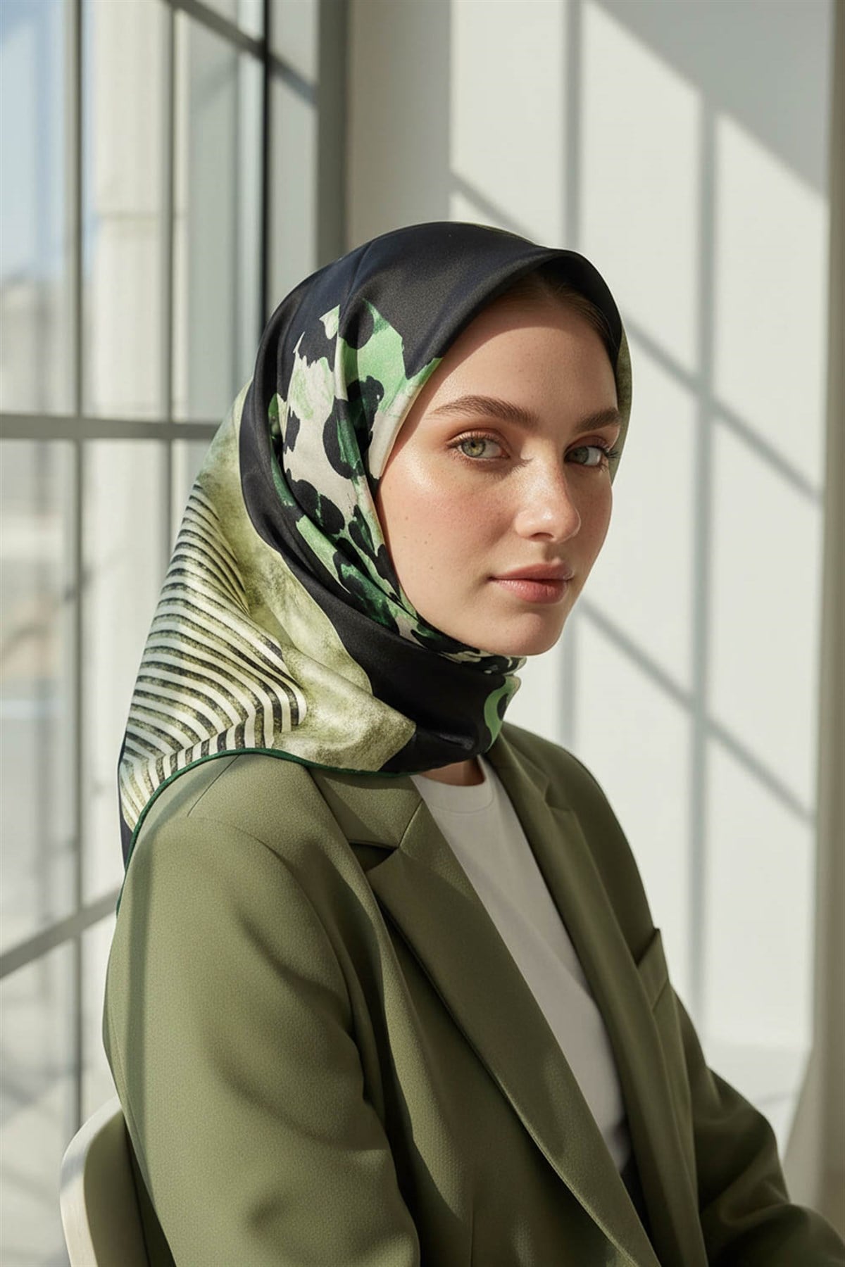 %100 Twill İpek Leopar Ve Geometrik Desenli Zümrüt Yeşili - Haki Renkli 90x90 Eşarp Dikim Şekli : El Dikişi