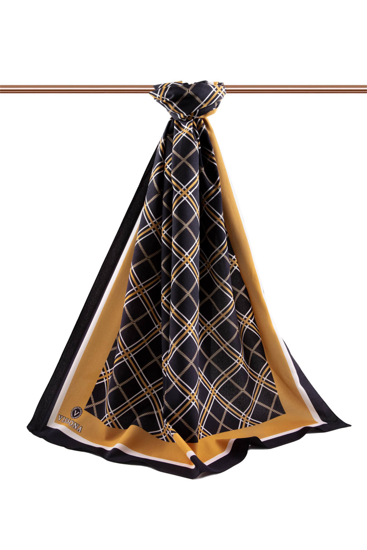 LÜKS MEDİNE İPEĞİ EKOSE DESENLİ SİYAH - GOLD RENKLİ 75X195 KIRIŞMAZ ŞAL MOSS KREP DİKİŞ TİPİ İTALYAN DİKİŞLİ
