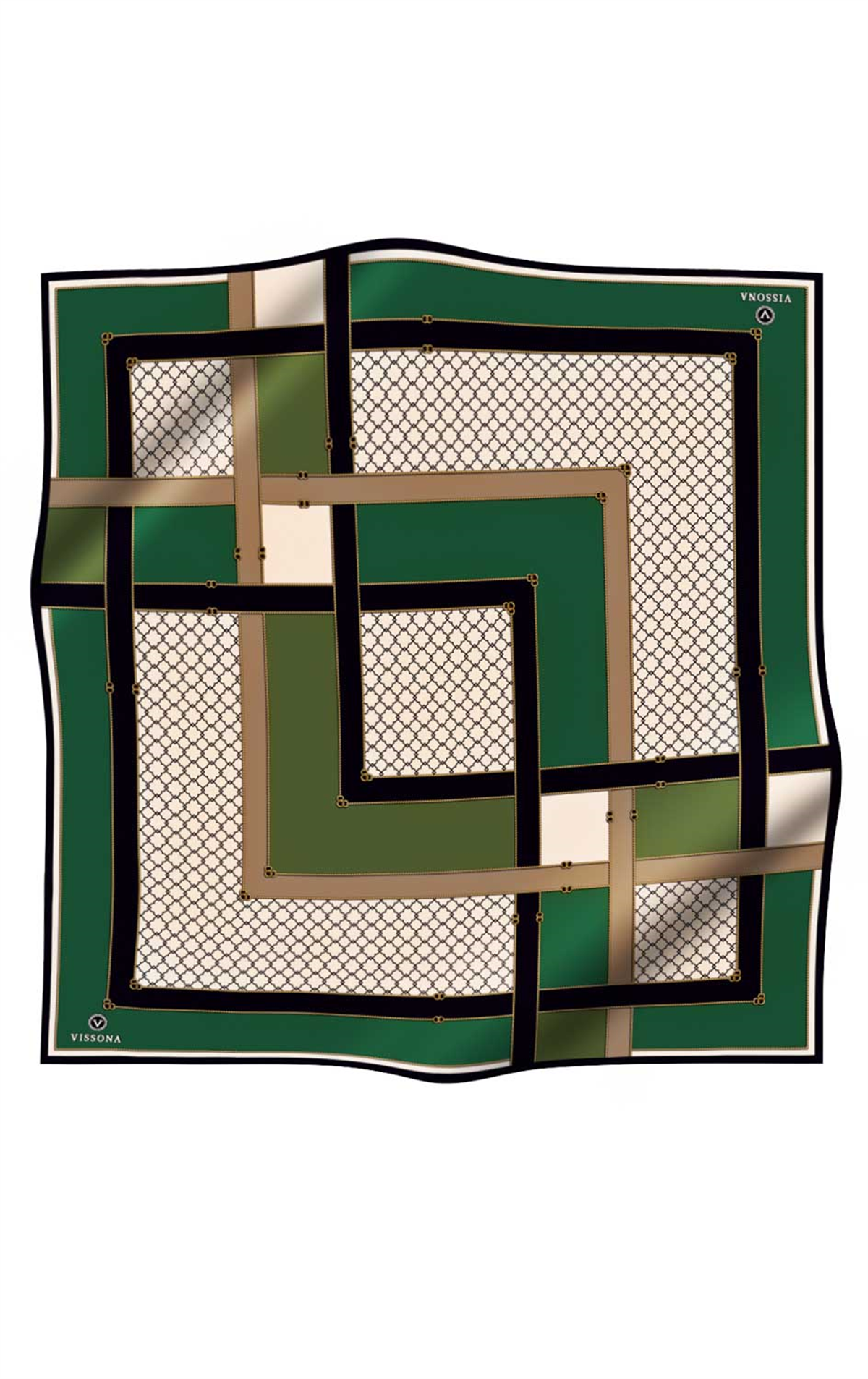 %100 Twill İpek Geometrik Desenli Zümrüt Yeşili - Siyah Renkli 90x90 Eşarp Dikim Şekli : El Dikişi