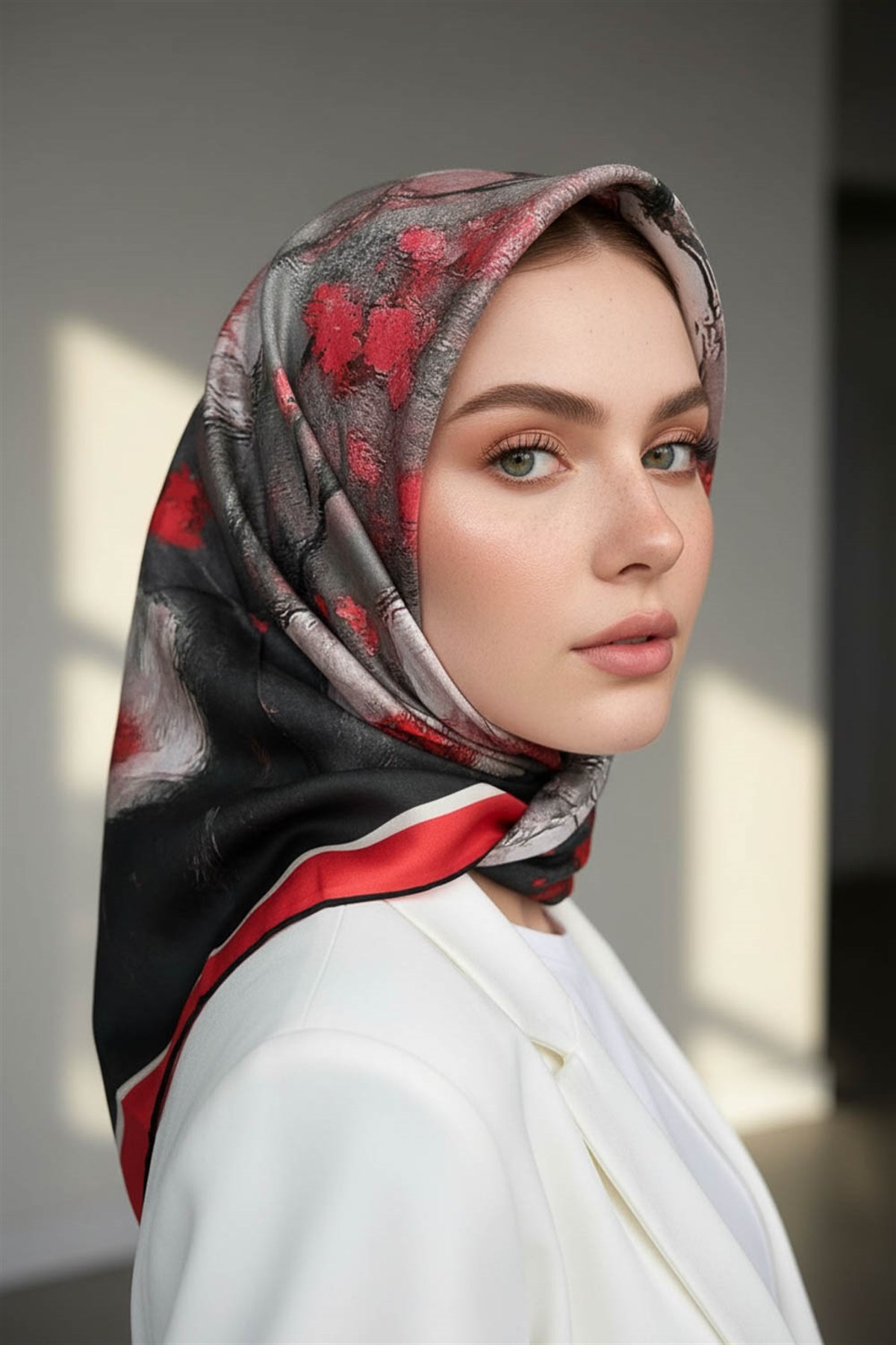 %100 Twill İpek Yağlı Boya Çiçek Desenli Nar Çiçeği Renkli 90x90 Eşarp Dikim Şekli : El Dikişi