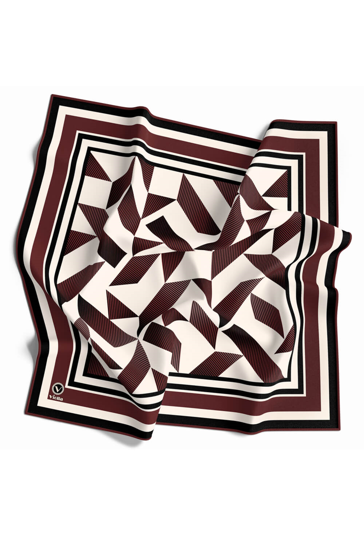 Twill Geometrik Desenli Şarabi Renkli 90x90 Eşarp (İpek İçermez) Kenar Dikiş Şekli El Dikişli