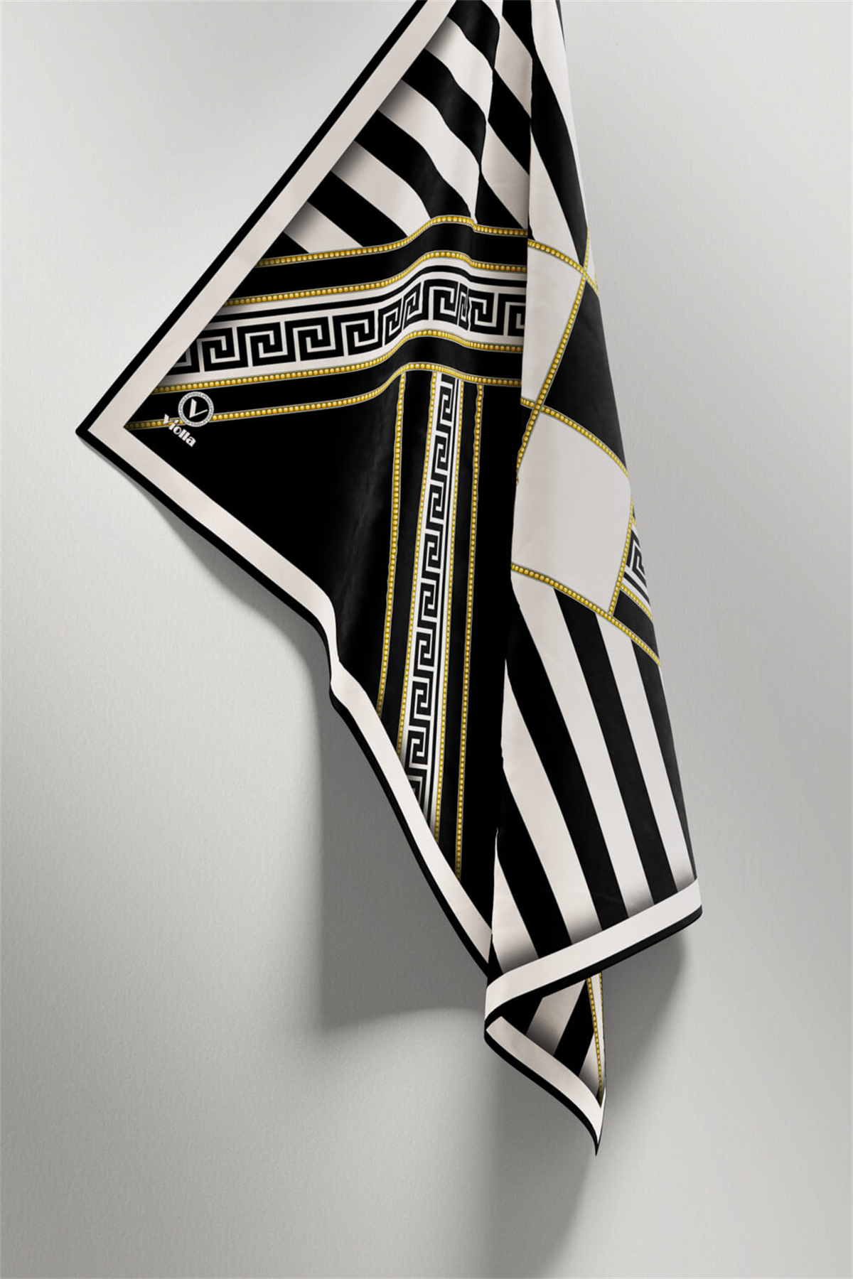 Twill Çizgili Geometrik Desenli Siyah Renkli 90x90 Eşarp (İpek İçermez) Kenar Dikiş Şekli El Dikişli