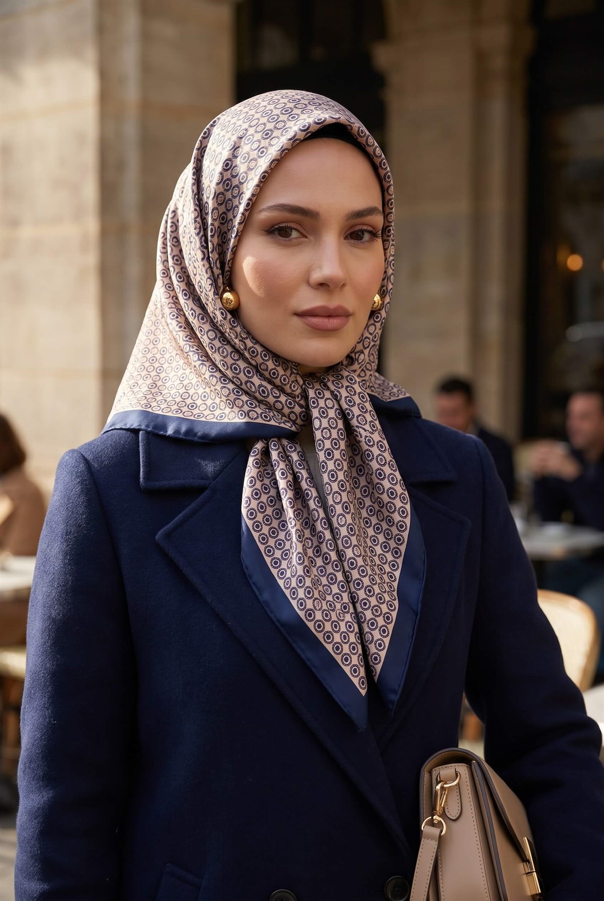 %100 Twill İpek Zincir Desenli Bej - Lacivert Renkli 90x90 Eşarp Kenar Dikiş Şekli El Dikişli