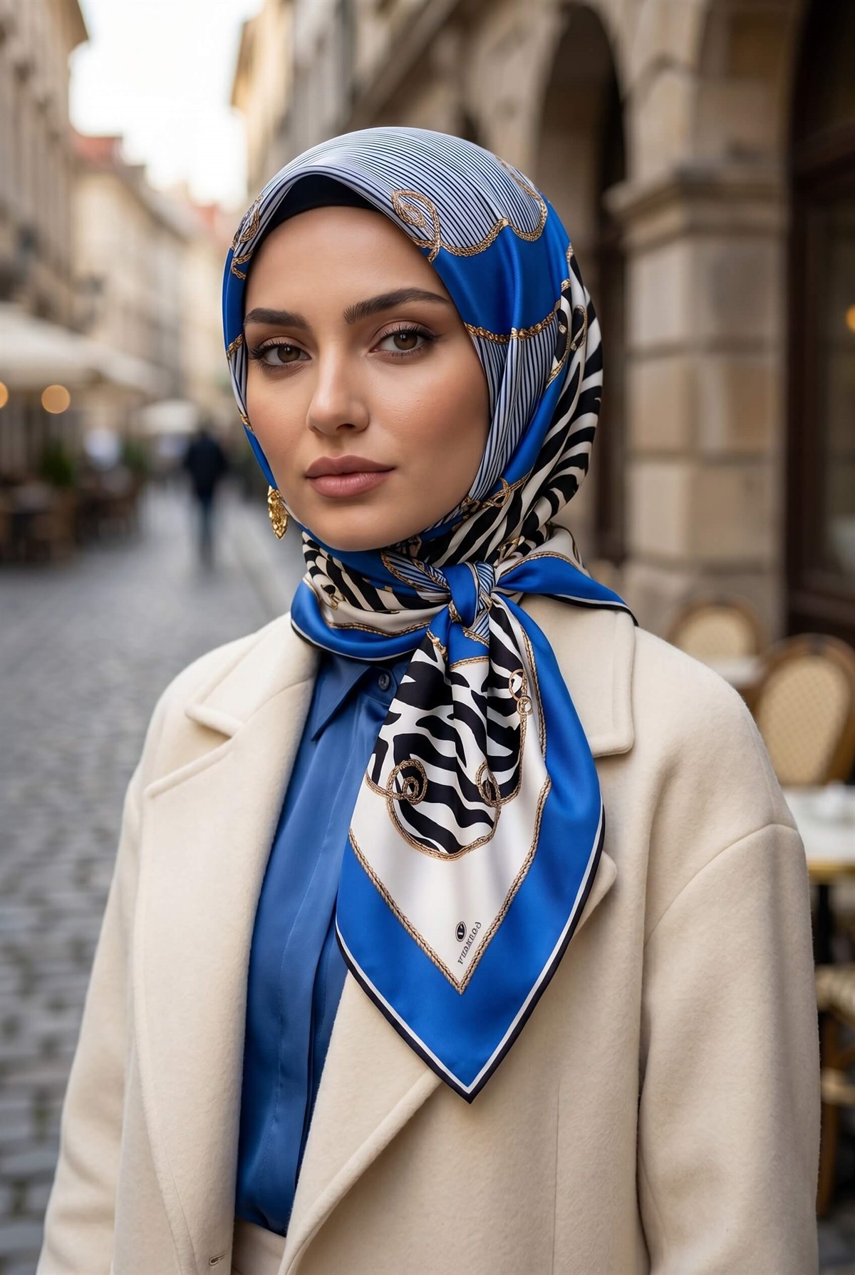 %100 Twill İpek Zincirli Ve Zebra Desenli Saks - Lacivert Renkli 90x90 Eşarp Dikim Şekli : El Dikişi