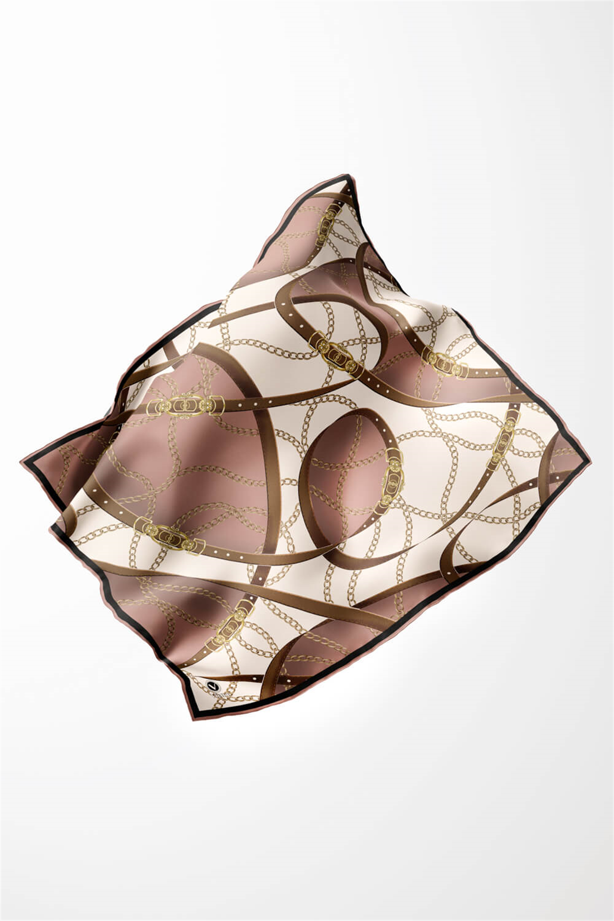 Twill Kemer ve Zincir Desenli Pudra Renkli 90x90 Eşarp (İpek İçermez) Kenar Dikiş Şekli El Dikişli