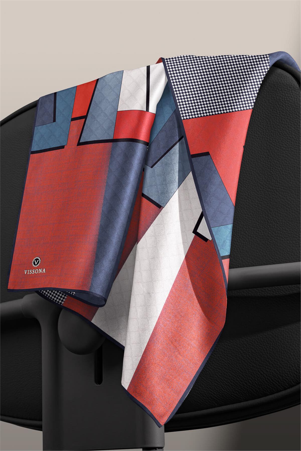 %100 Twill İpek Kazayaklı Ve Geometrik Desenli Kırmızı - İndigo Renkli 90x90 Eşarp Dikim Şekli : El Dikişi