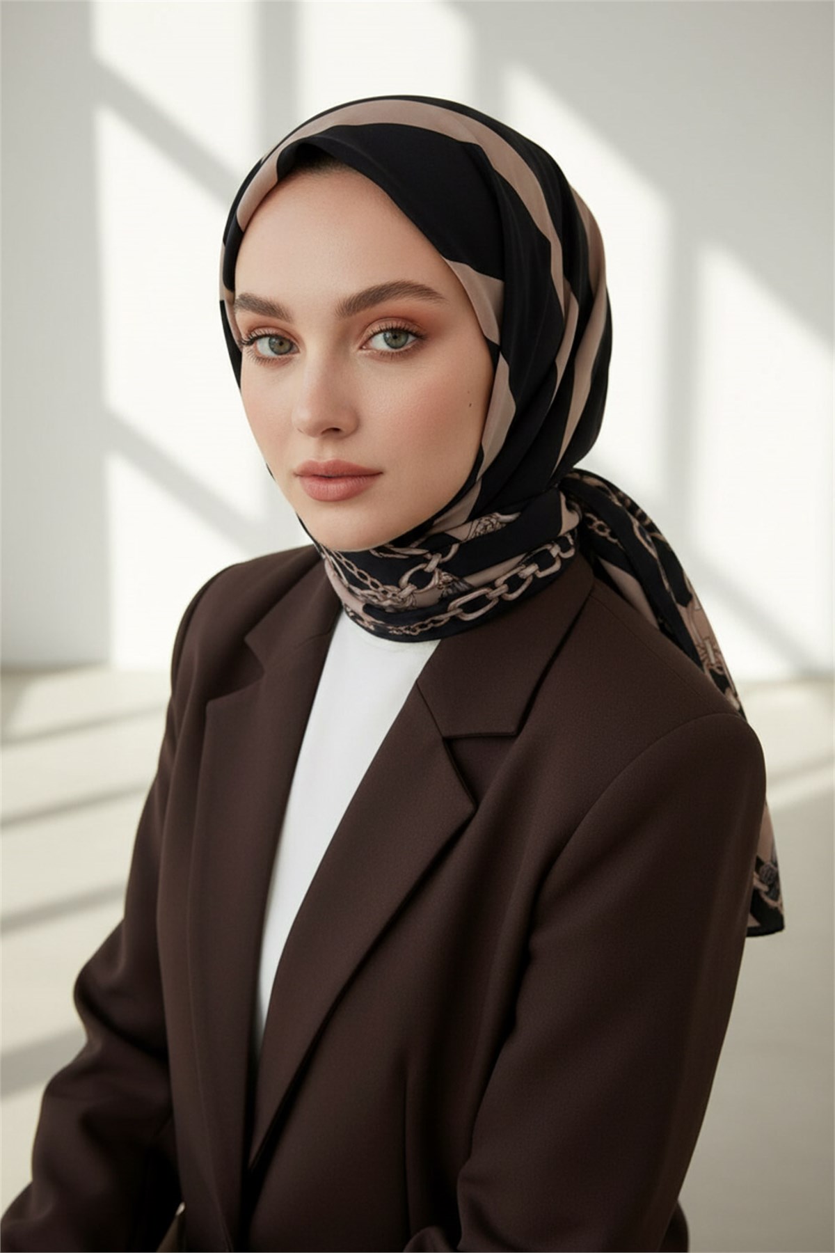 KREP ÇİZGİLİ VE ZİNCİR DESENLİ SİYAH - BEJ RENKLİ 75X195 KIRIŞMAZ ŞAL