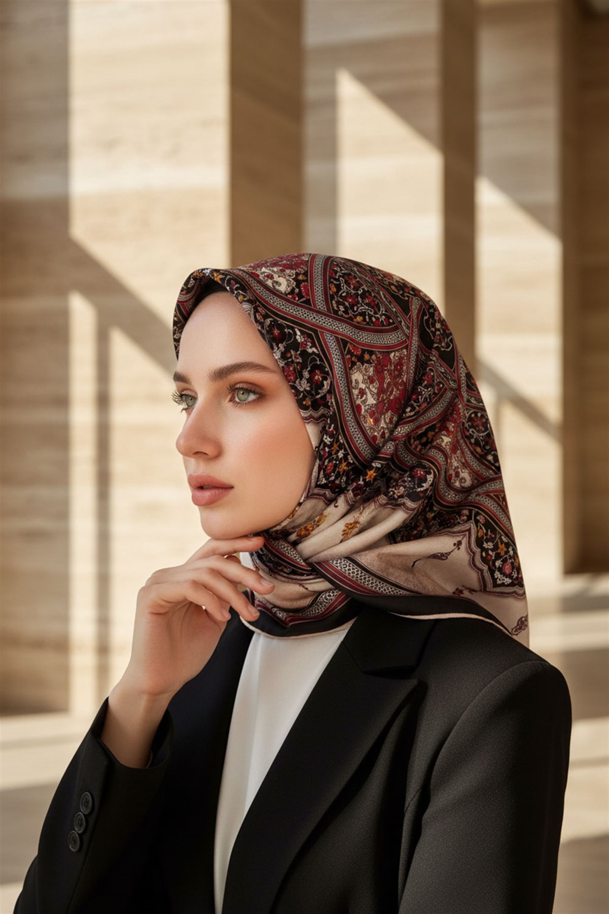 %100 Twill İpek Şal Desenli Siyah - Bordo Renkli 90x90 Eşarp Dikim Şekli : El Dikişi