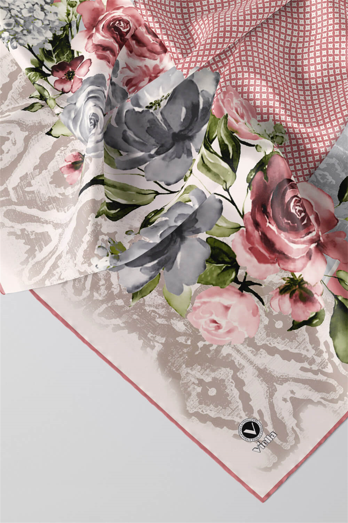 Twill Çiçek Desenli Pudra  Renkli 90x90 Eşarp (İpek İçermez) Kenar Dikiş Şekli El Dikişli