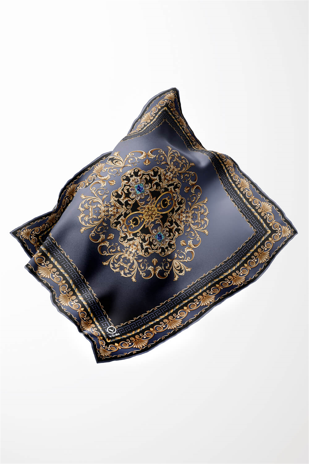 Twill Barok Desenli İndigo Renkli 90x90 Eşarp (İpek İçermez) Dikim Şekli : El Dikişi