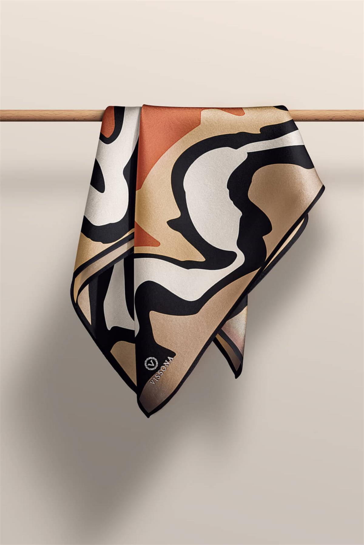 100% Twill İpek Dalga Desenli Hardal - Taba Renkli 90x90 Dikim Şekli : El Dikişi Eşarp