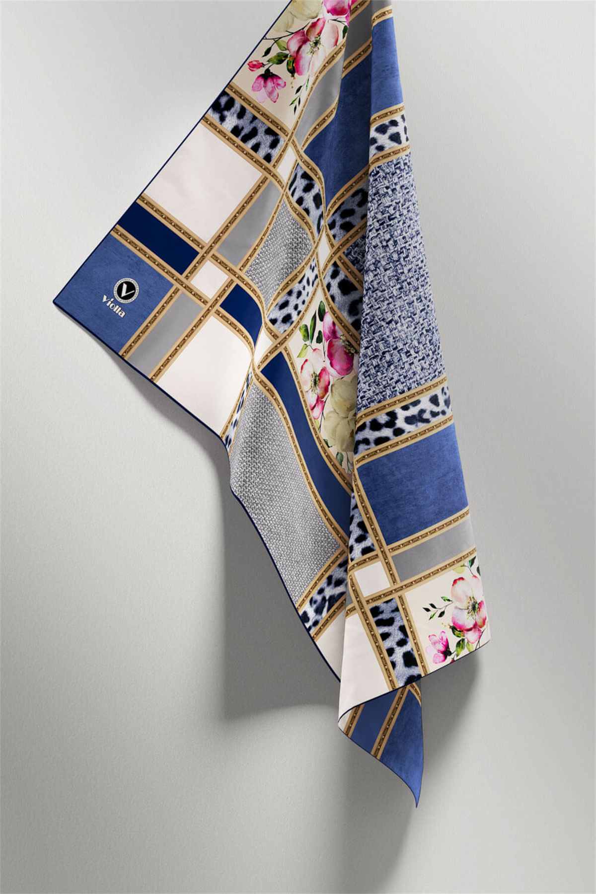 Twill Leopar ve Çiçek Desenli İndigo - Gri Renkli 90x90 Eşarp (İpek İçermez) Dikim Şekli : El Dikişi