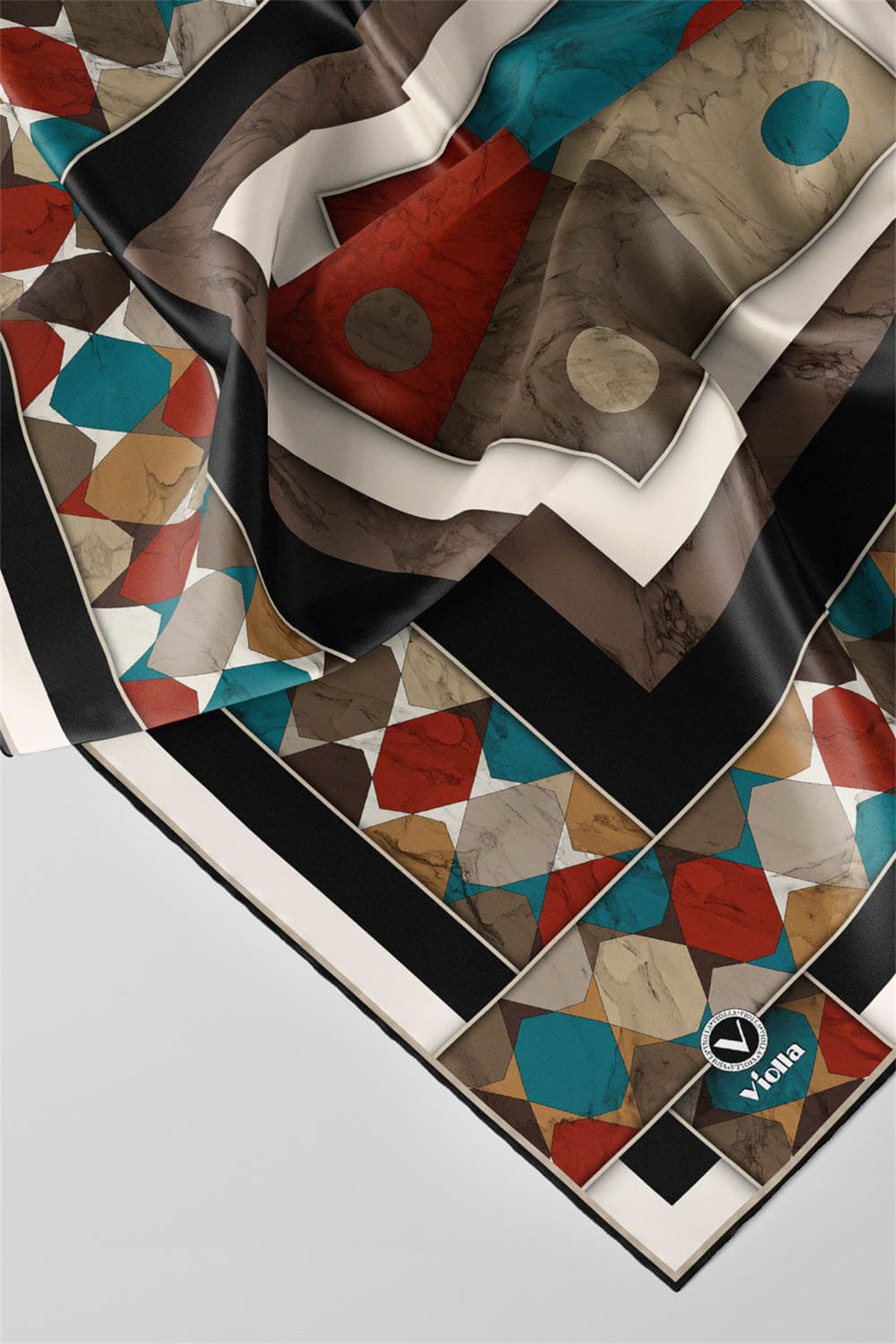 Twill Geometrik Mermer Desenli Siyah Renkli 90x90 Eşarp (İpek İçermez) Kenar Dikiş Şekli El Dikişli
