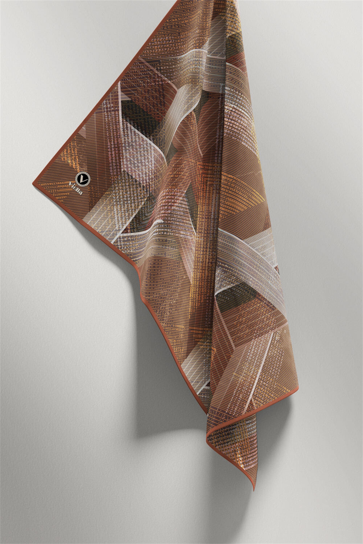 Twill Dokulu Geometrik Desenli Bakır Renkli 90x90 Eşarp (İpek İçermez) Kenar Dikiş Şekli El Dikişli