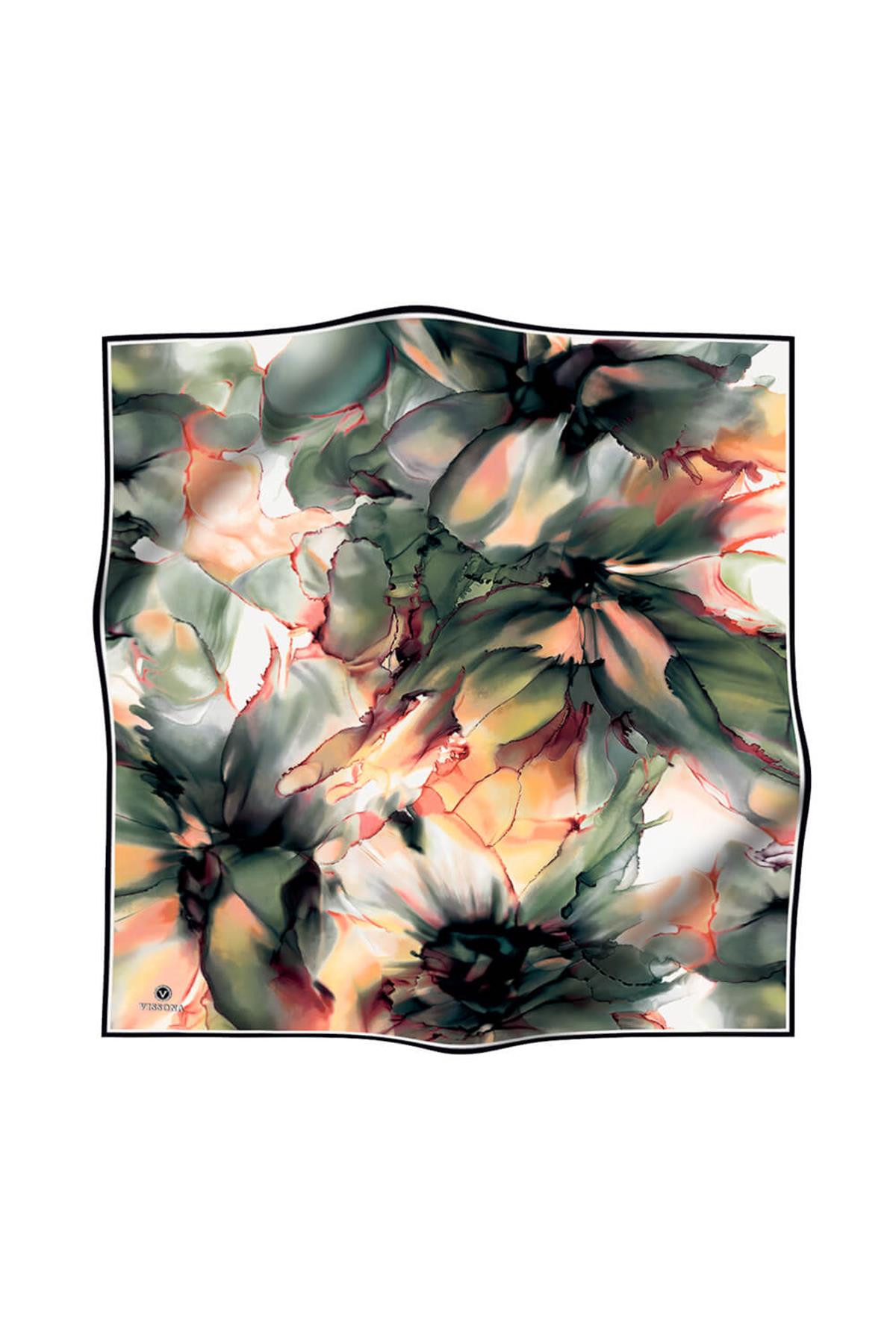 %100 Twill İpek Batik Çiçek Desenli Zümrüt Yeşili - Hardal Renkli 90x90 Eşarp Kenar Dikiş Şekli El Dikişli