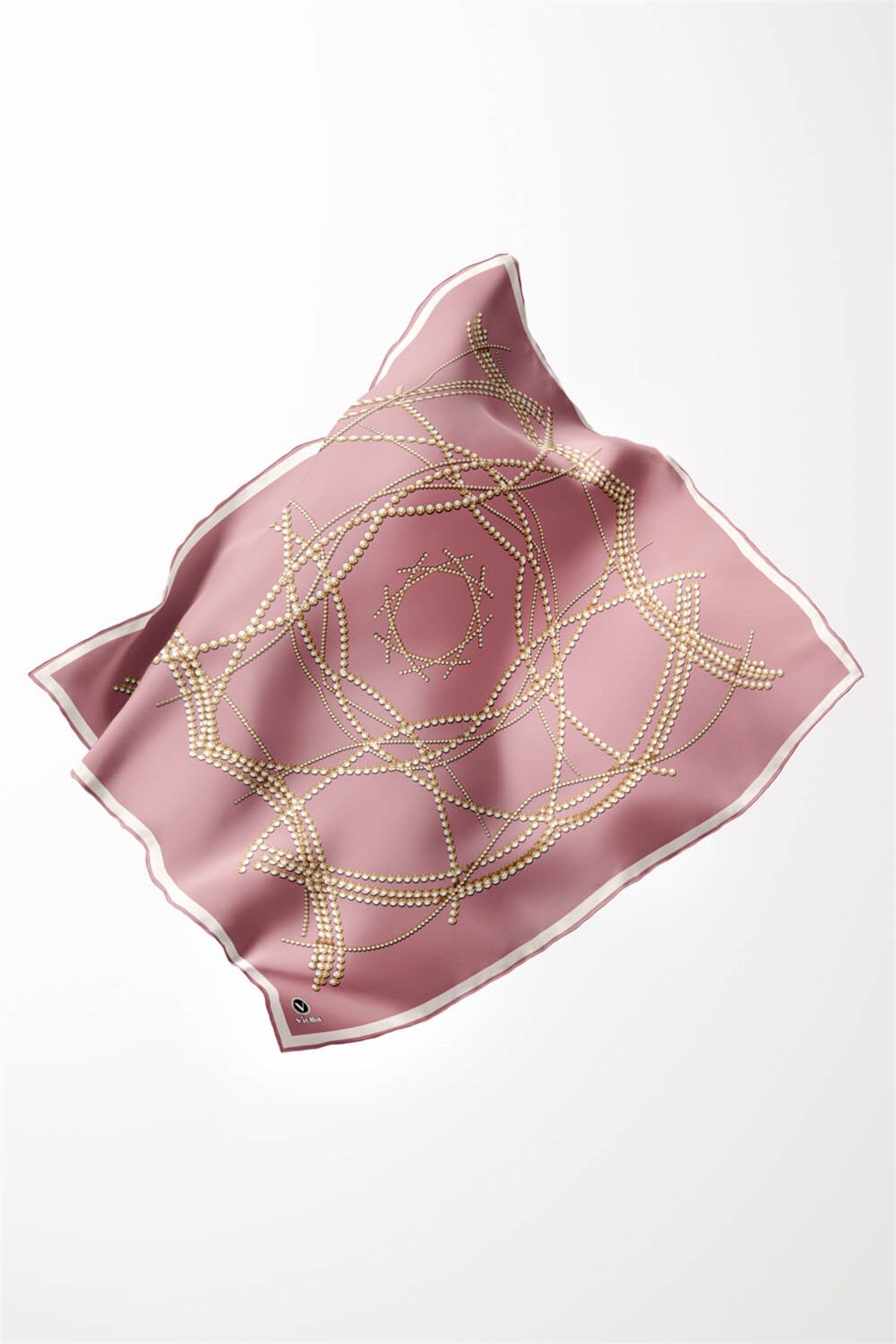 Twill Boncuk Desenli Pudra Renkli 90x90 Eşarp (İpek İçermez) Kenar Dikiş Şekli El Dikişli