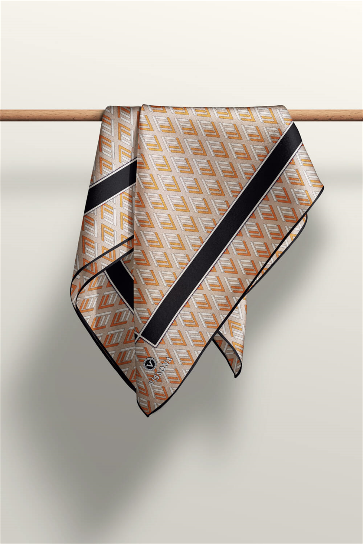 % 57 İPEK % 43 VİSKON Twill İpek Geometrik Desenli Bej - Taba  Renkli 90x90 Eşarp Dikim Şekli : El Dikişi