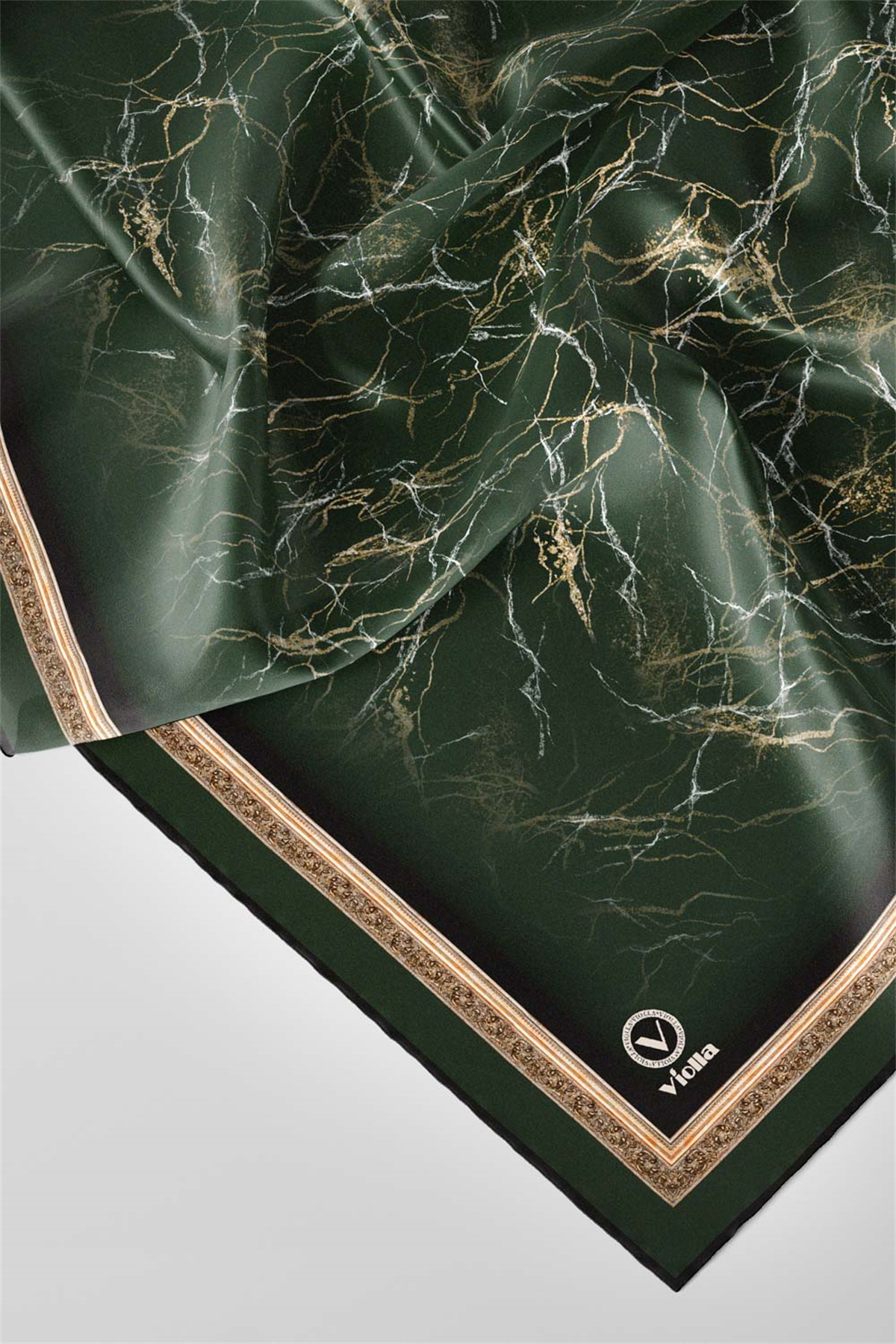 Twill Barok Çerçeveli Mermer Desenli Petrol Yeşili Renkli 90x90 Eşarp (İpek İçermez) Kenar Dikiş Şekli El Dikişli