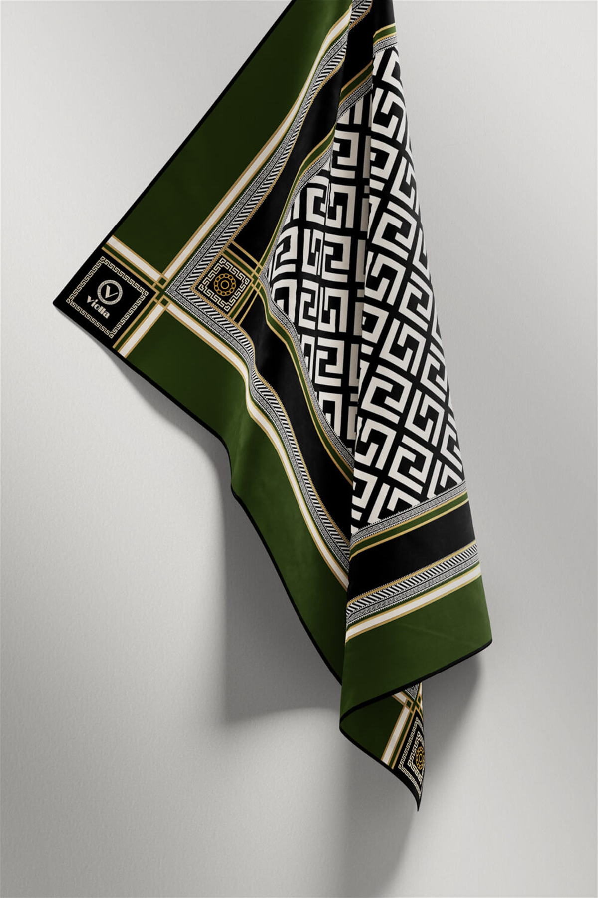 Twill Antik Desenli Zümrüt Yeşili Renkli 90x90 Eşarp (İpek İçermez) Kenar Dikiş Şekli El Dikişli