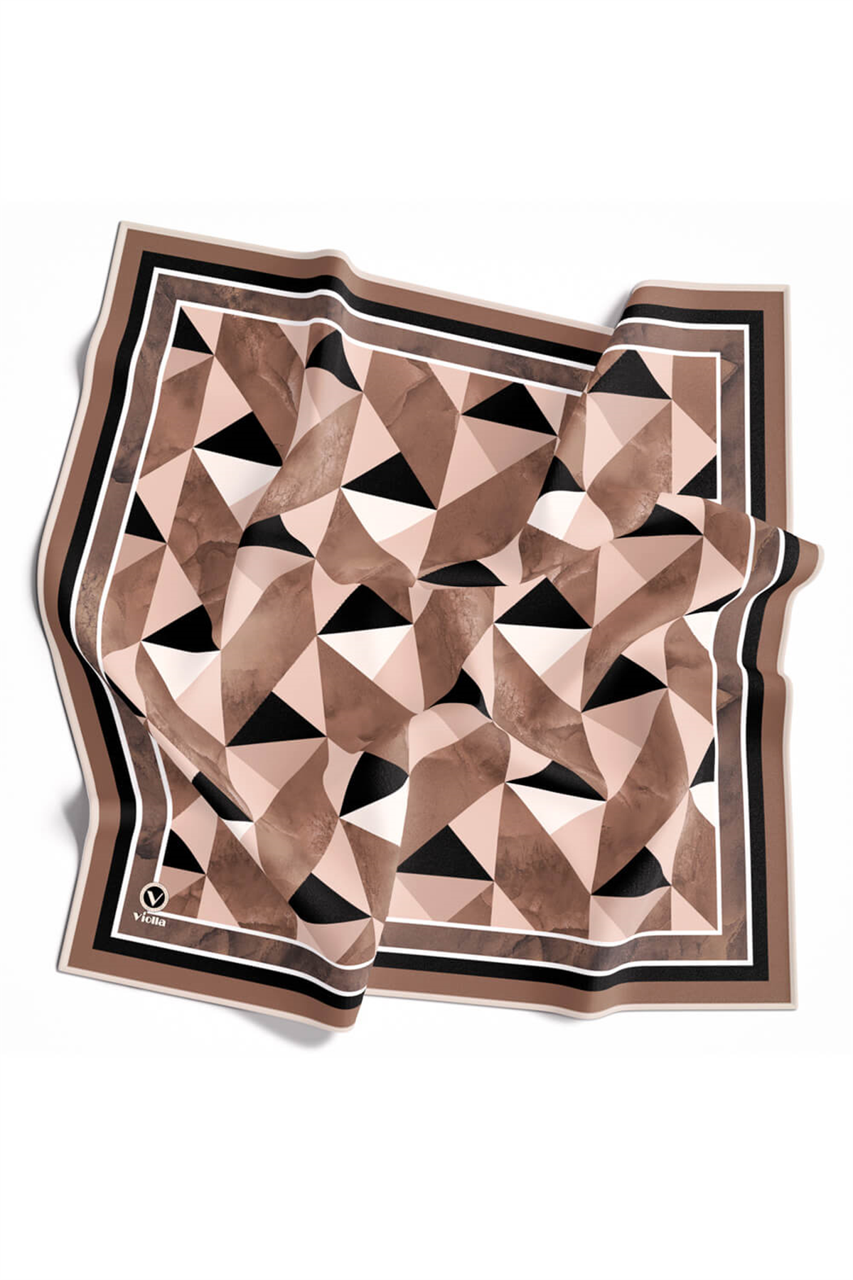 Twill Geometrik Desenli Vizon Renkli 90x90 Eşarp (İpek İçermez) Kenar Dikiş Şekli El Dikişli