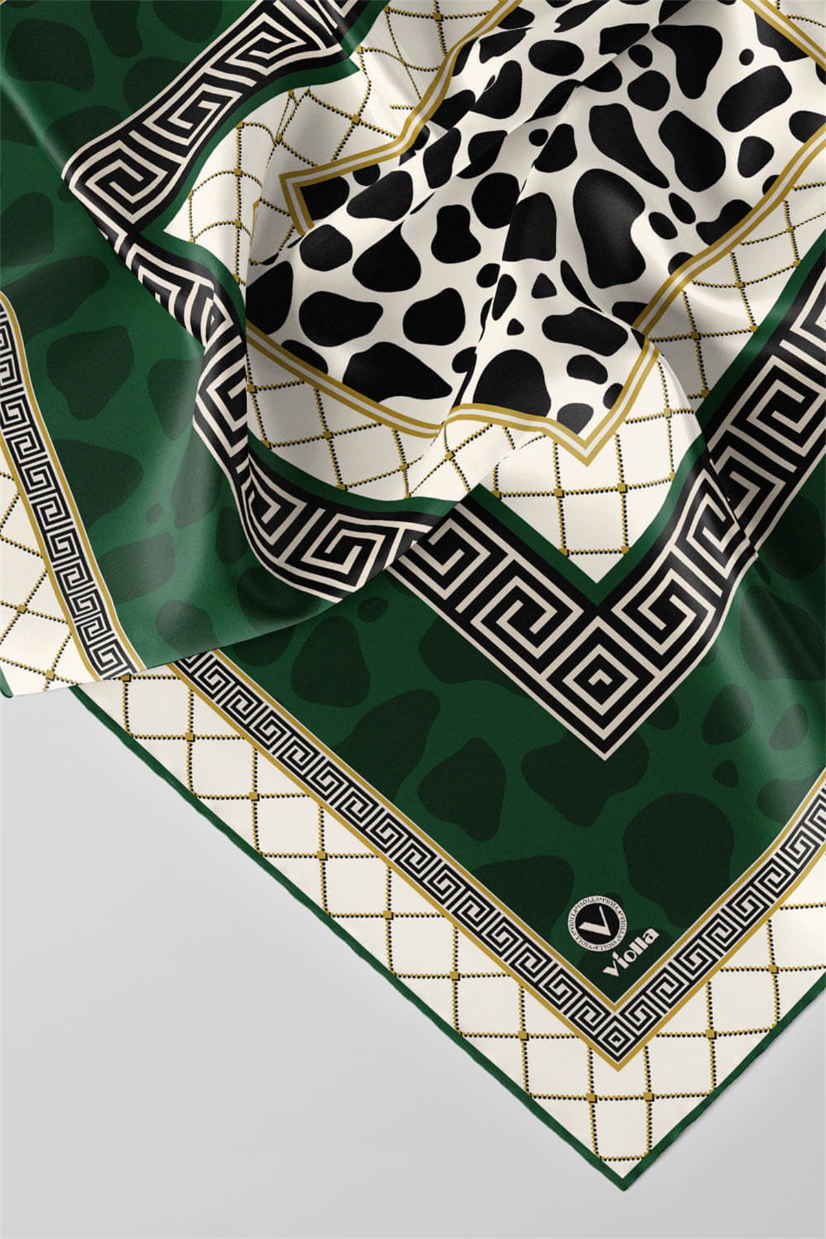 Twill Taş Desenli Zümrüt Yeşili Renkli 90x90 Eşarp (İpek İçermez) Kenar Dikiş Şekli El Dikişli