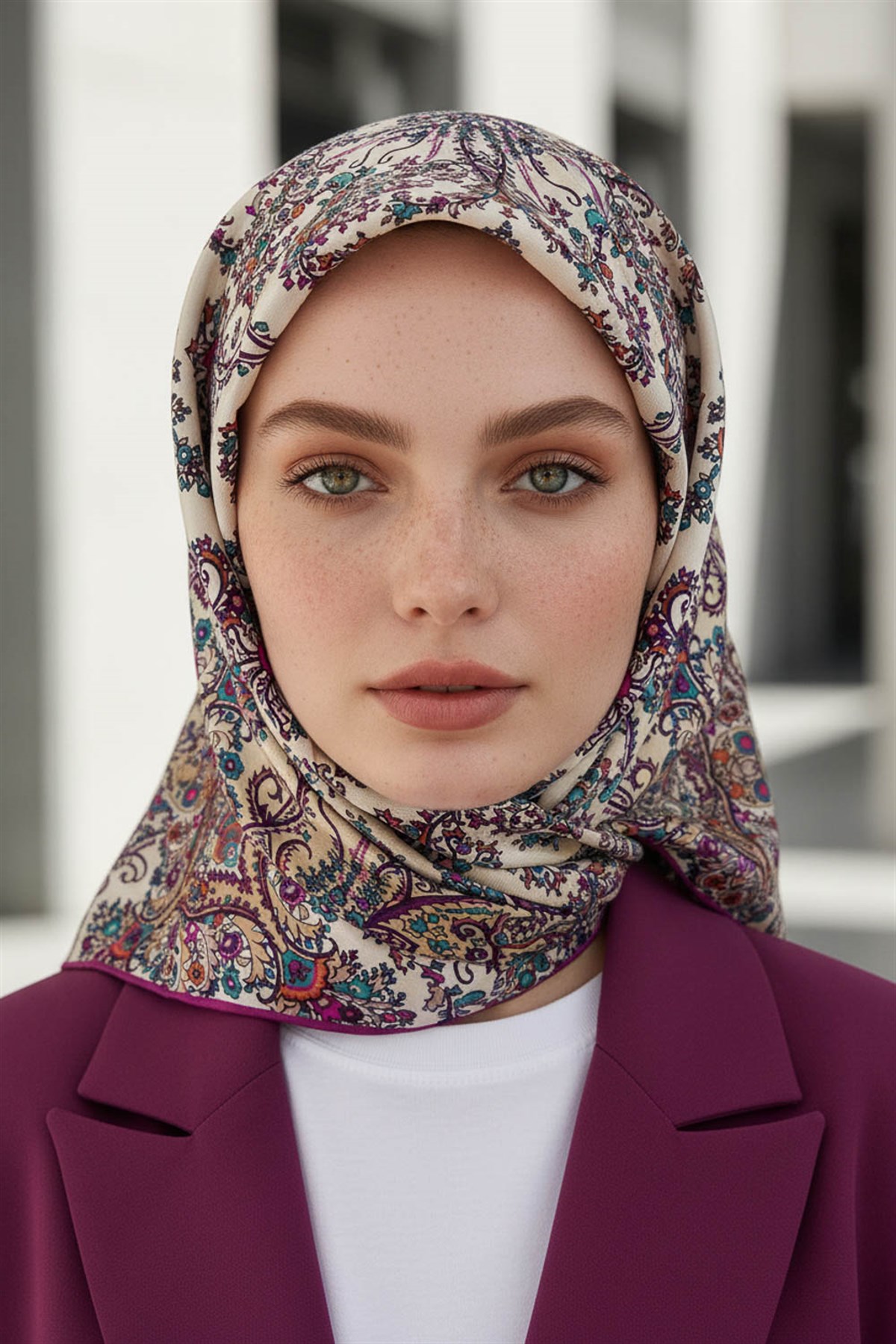 %100 Twill İpek Şal Desenli Krem - Mürdüm Renkli 90x90 Eşarp Dikim Şekli : El Dikişi