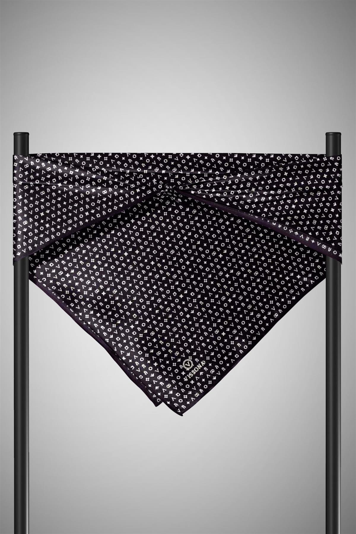 %100 Twill İpek Çıtır Motif Desenli Siyah - Krem Renkli 90x90 Eşarp Dikim Şekli : El Dikişi