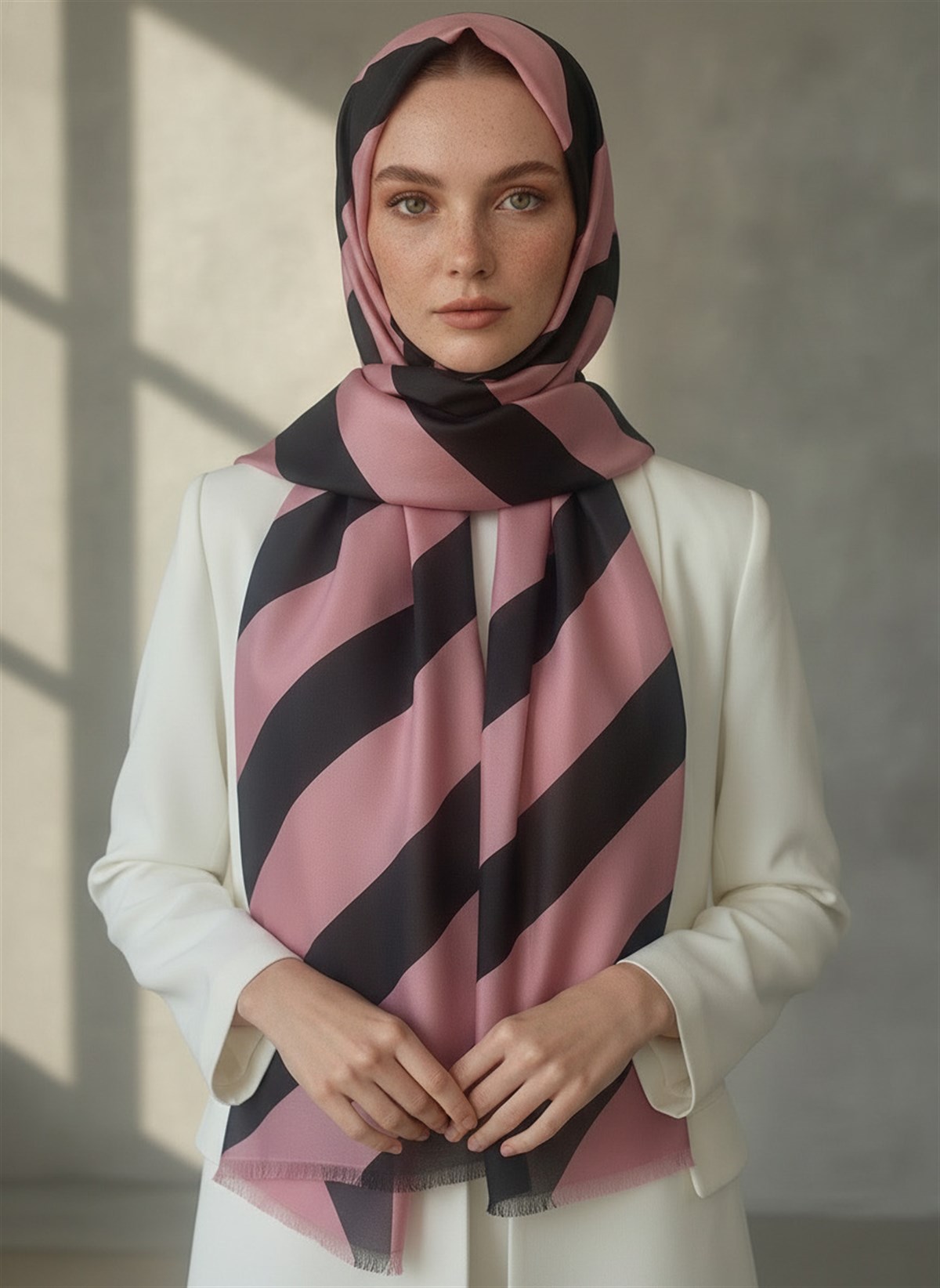 %100 Saf İpek Şal İnce Saten Vual Dokuma Çizgili Desenli Pudra - Siyah Renkli 90x210 Şal