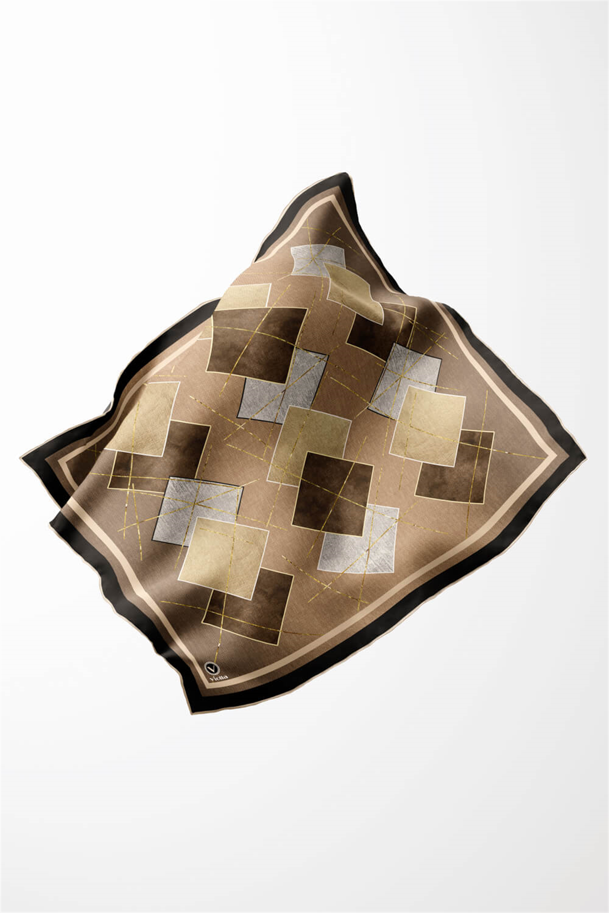 Twill Geometrik Desenli Bej Renkli 90x90 Eşarp (İpek İçermez) Kenar Dikiş Şekli El Dikişli