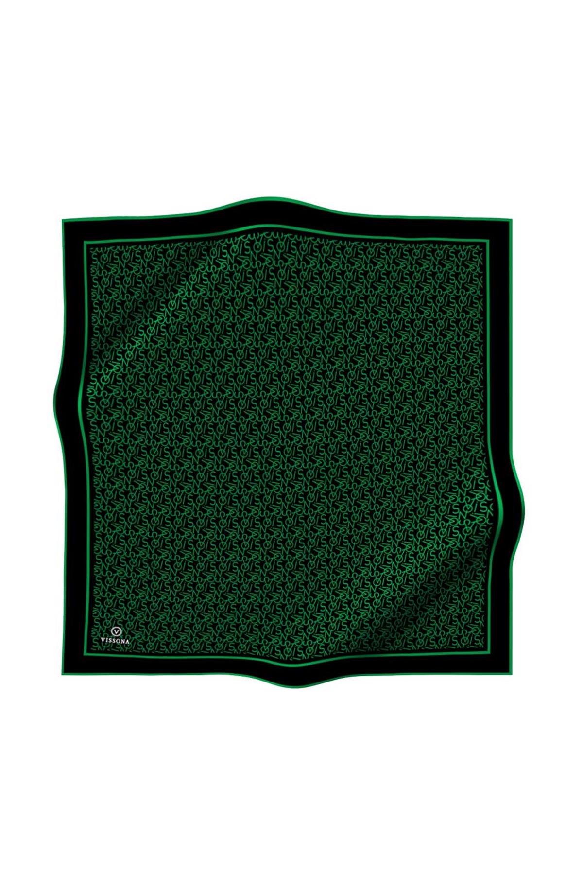 %100 Twill İpek Harf Desenli Siyah - Benetton Yeşili Renkli 90x90 Eşarp Dikim Şekli : El Dikişi