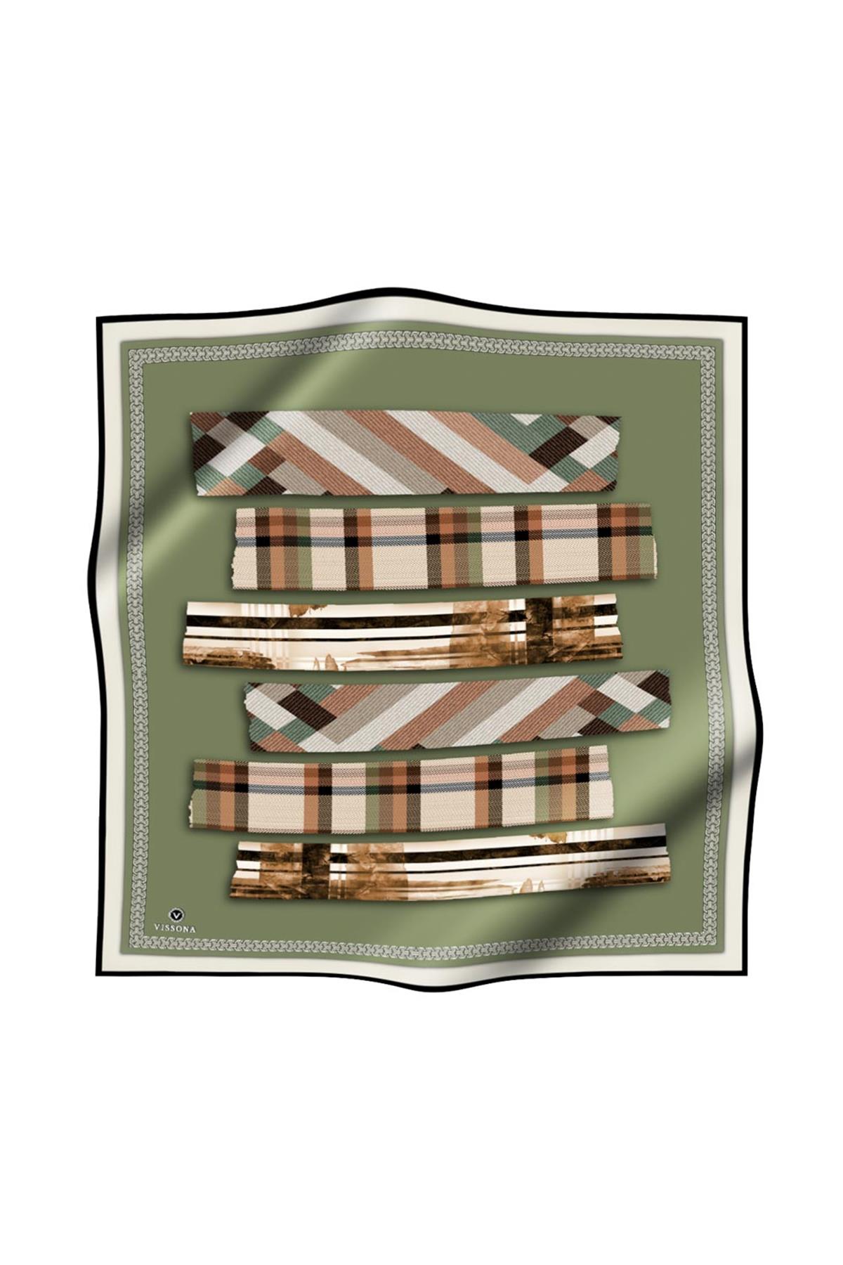 %100 Twill İpek Ekose Desenli Haki - Bakır Renkli 90x90 Eşarp Dikim Şekli : El Dikişi